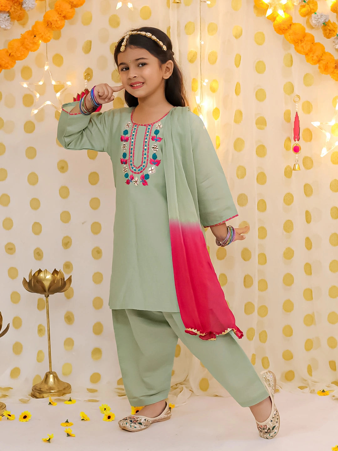 BownBee Quater Sleeves Embroidered Kurti With Salwaar &Dupatta For Girls