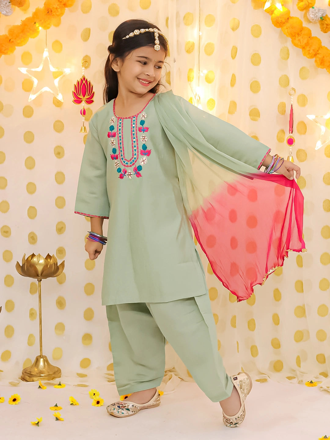 BownBee Quater Sleeves Embroidered Kurti With Salwaar &Dupatta For Girls