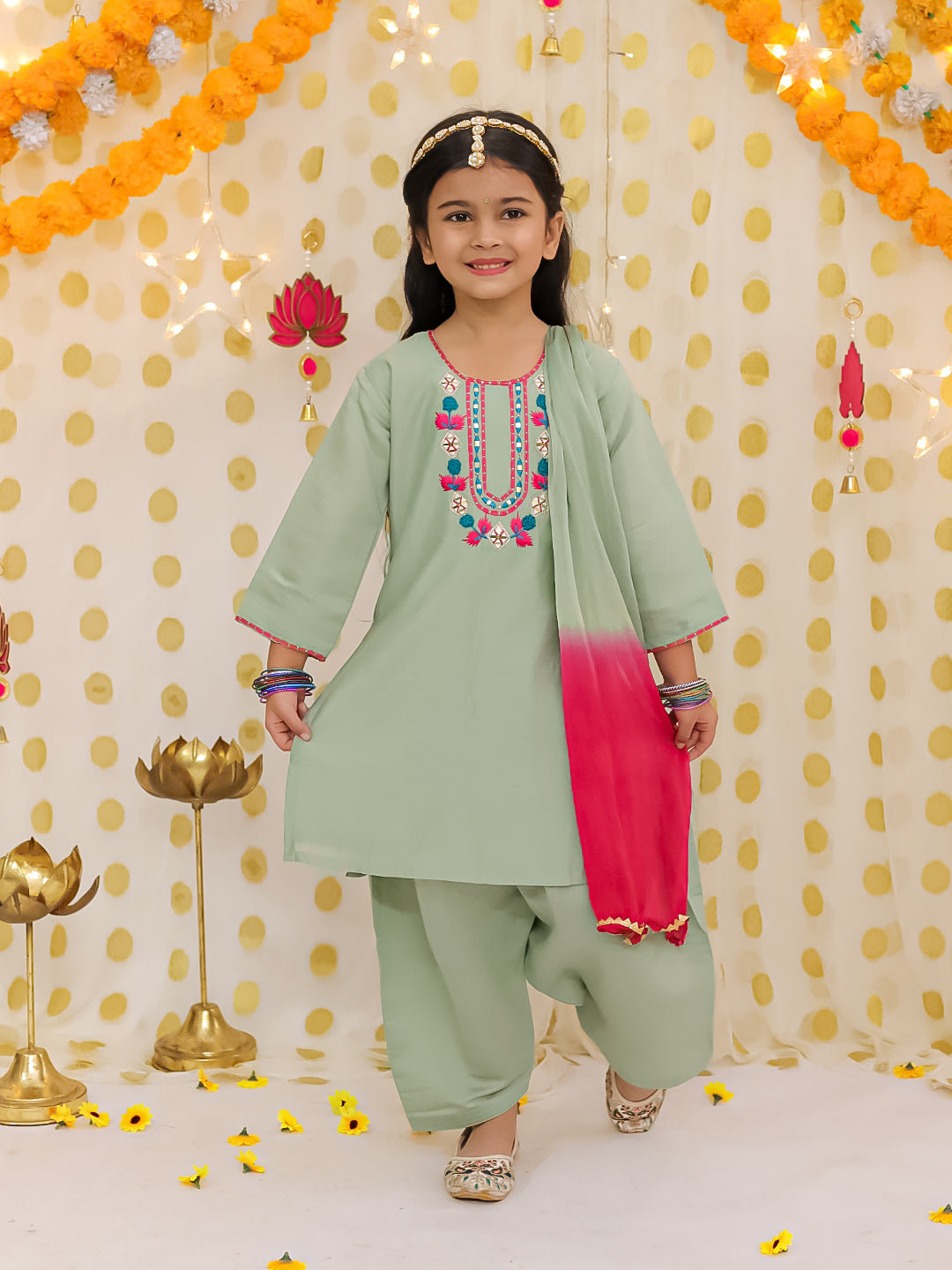 BownBee Quater Sleeves Embroidered Kurti With Salwaar &Dupatta For Girls -Green