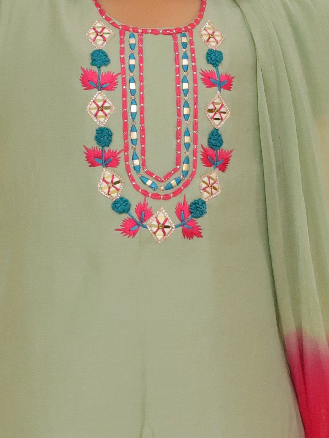 BownBee Quater Sleeves Embroidered Kurti With Salwaar &Dupatta For Girls -Green