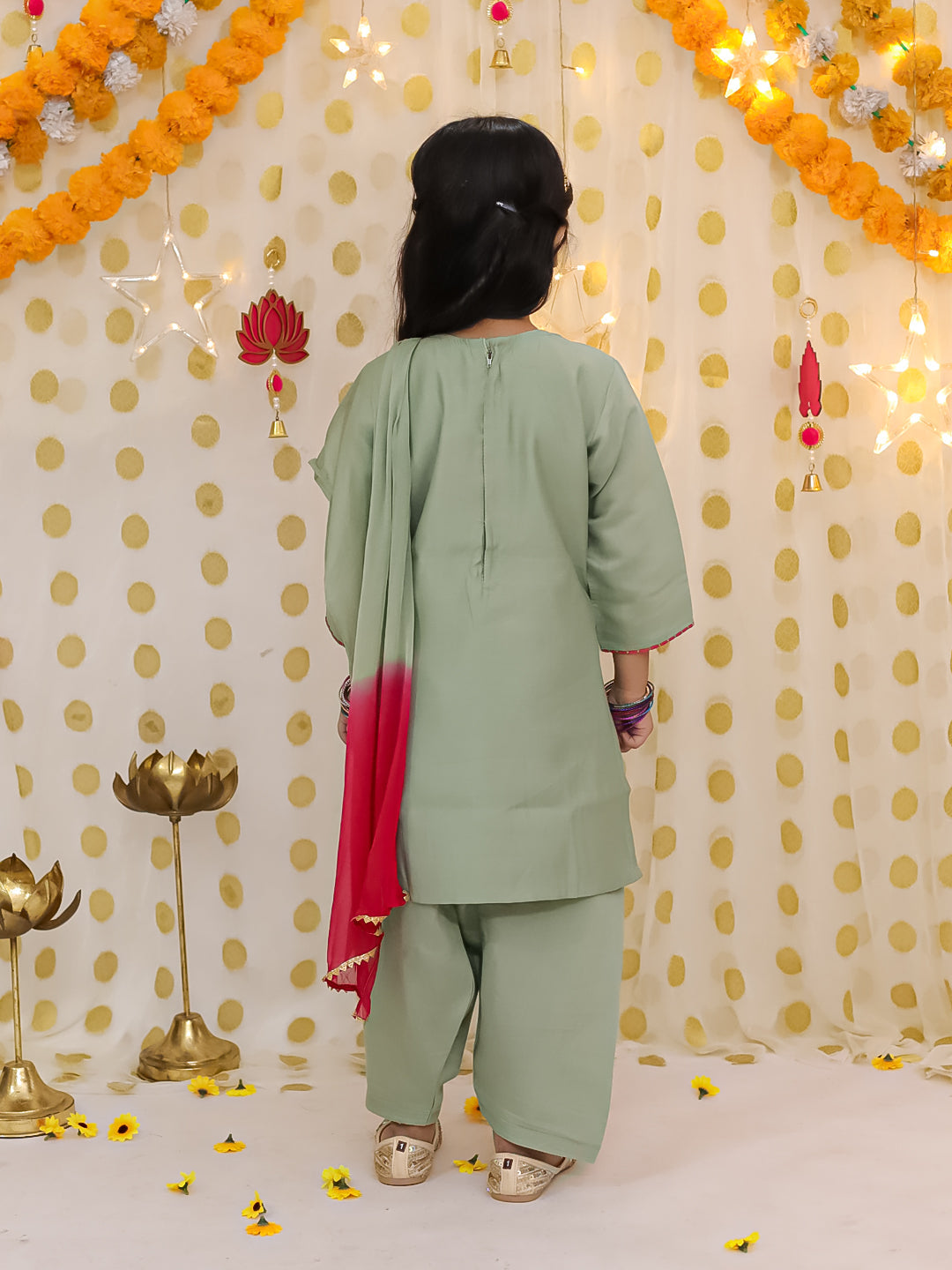 BownBee Quater Sleeves Embroidered Kurti With Salwaar &Dupatta For Girls -Green
