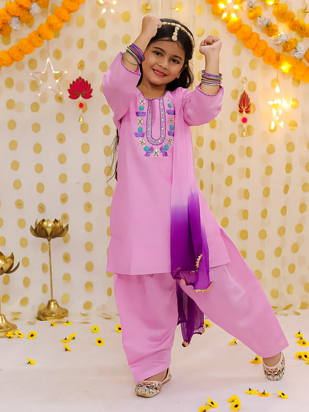 BownBee Quater Sleeves Embroidered Kurti With Salwaar &Dupatta For Girls