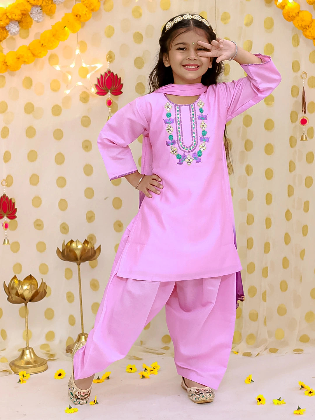 BownBee Quater Sleeves Embroidered Kurti With Salwaar &Dupatta For Girls