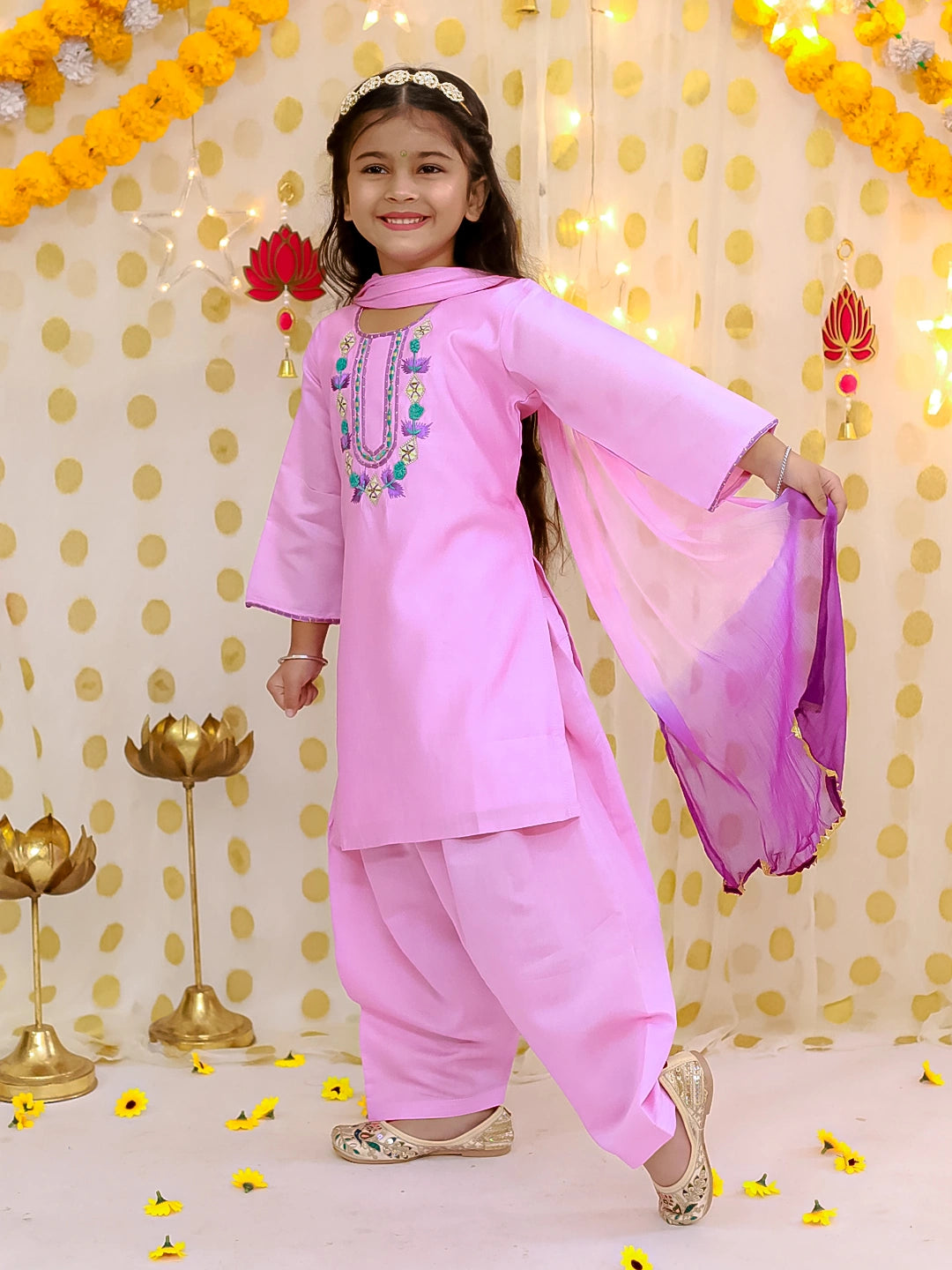 BownBee Quater Sleeves Embroidered Kurti With Salwaar &Dupatta For Girls
