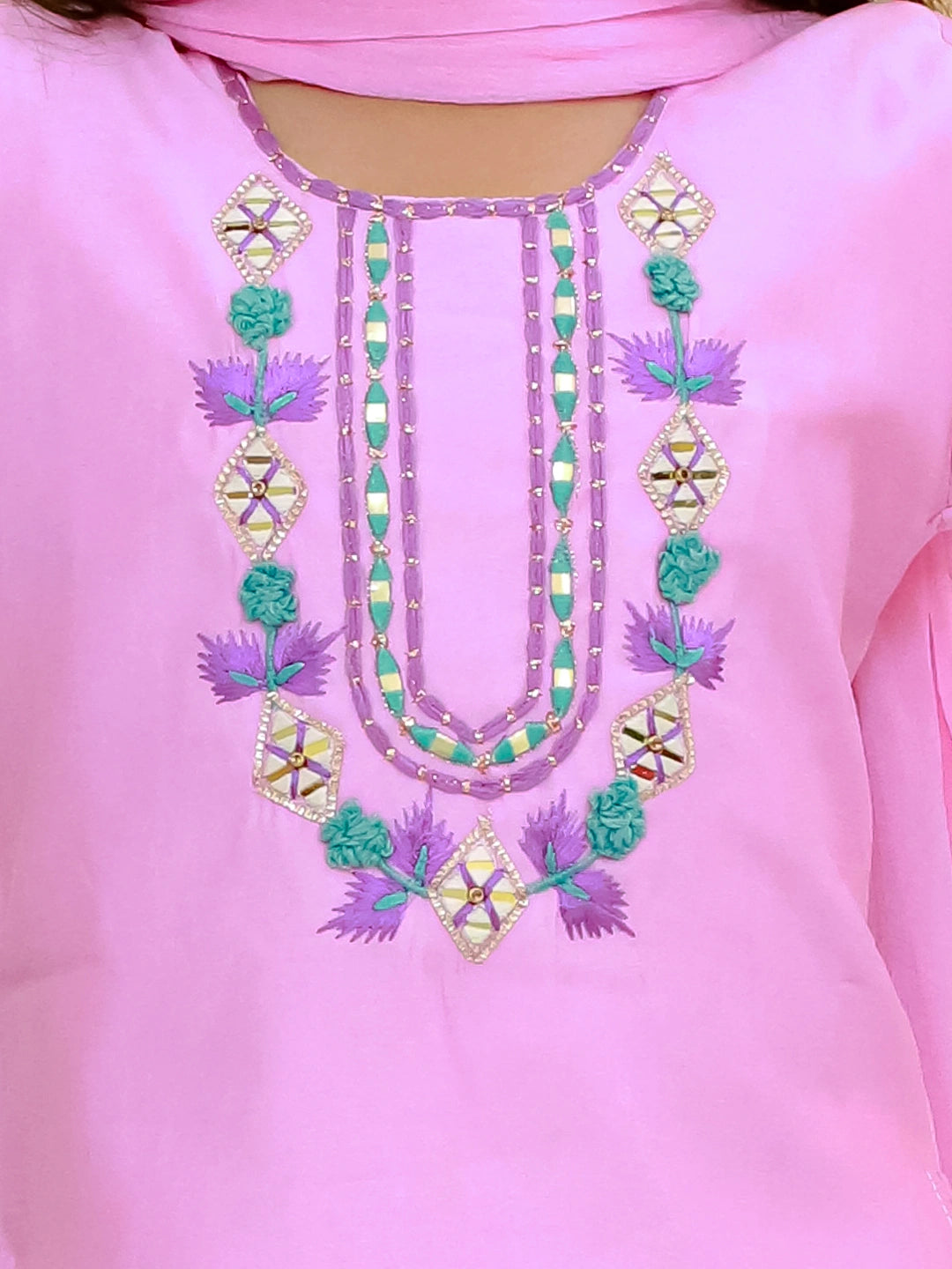 BownBee Quater Sleeves Embroidered Kurti With Salwaar &Dupatta For Girls