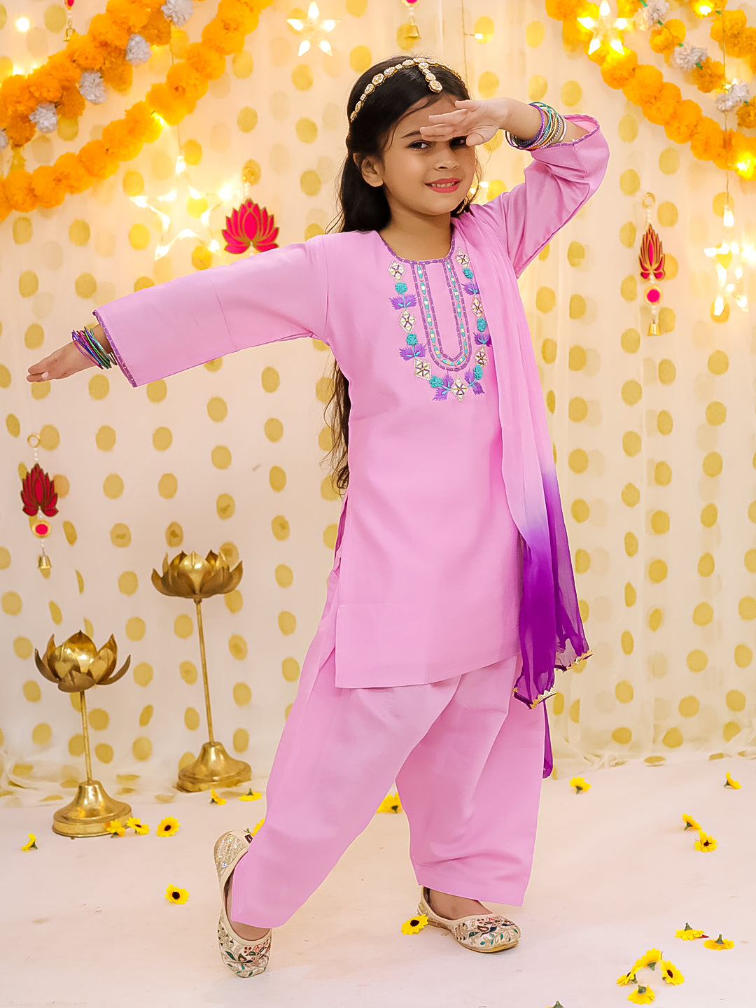 BownBee Quater Sleeves Embroidered Kurti With Salwaar &Dupatta For Girls -Pink