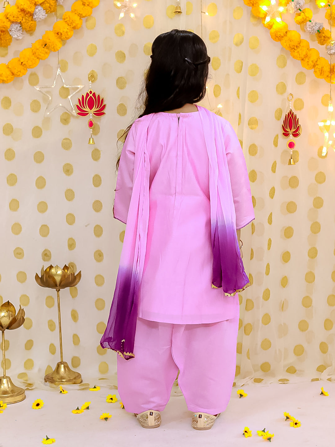BownBee Quater Sleeves Embroidered Kurti With Salwaar &Dupatta For Girls -Pink