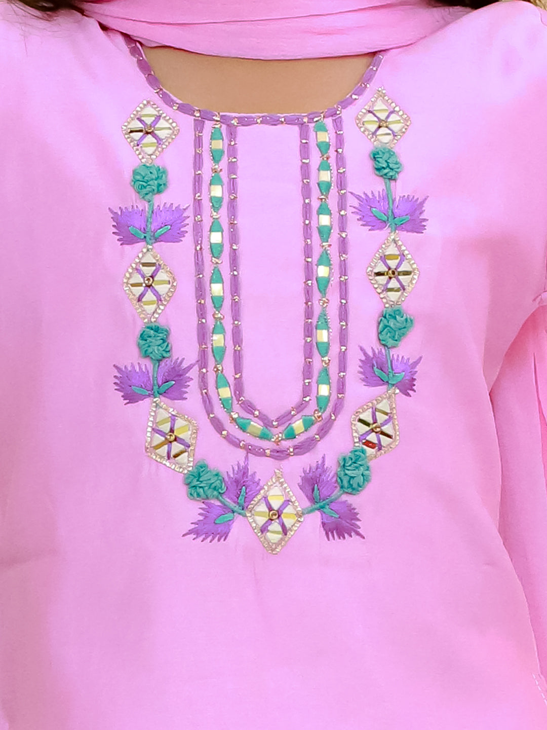 BownBee Quater Sleeves Embroidered Kurti With Salwaar &Dupatta For Girls -Pink