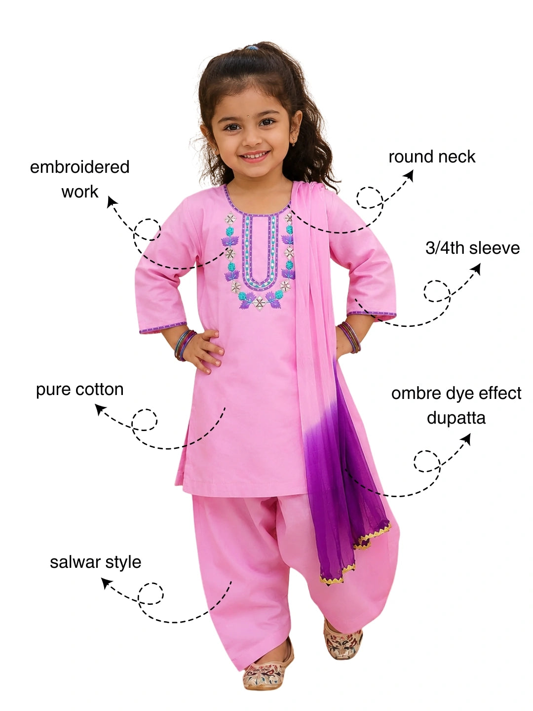 BownBee Quater Sleeves Embroidered Kurti With Salwaar &Dupatta For Girls