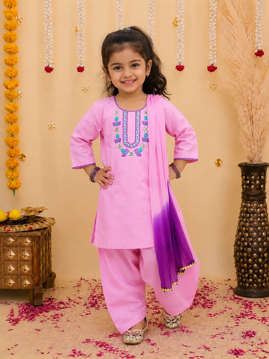 Embroidered Ethnic suit With Dupatta Sibling Set White & Pink Combo