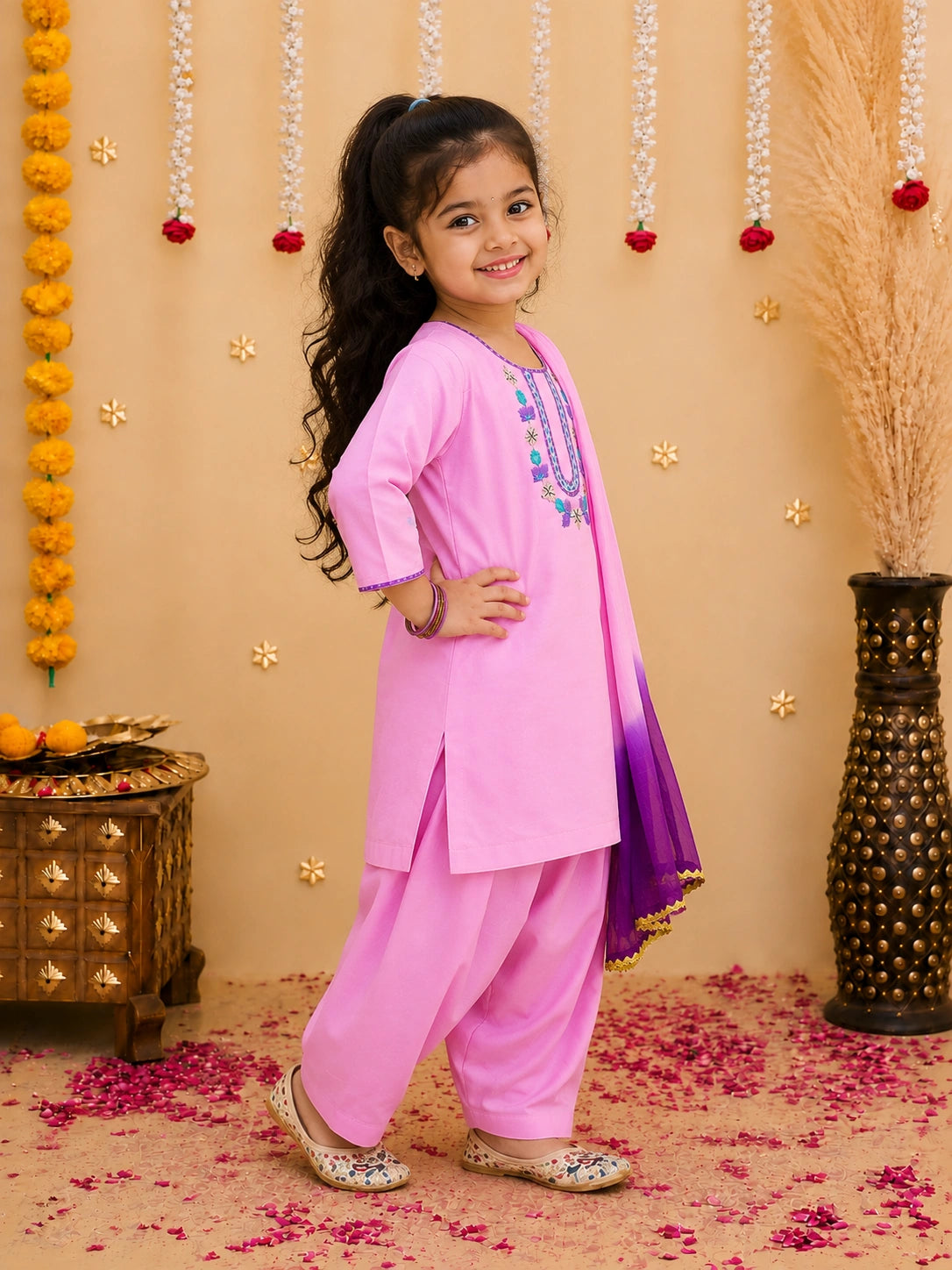 BownBee Quater Sleeves Embroidered Kurti With Salwaar &Dupatta For Girls