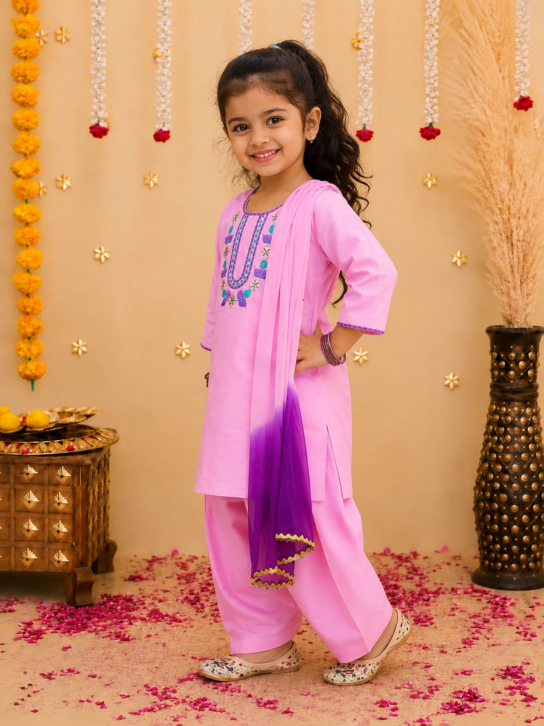 Embroidered Ethnic suit With Dupatta Sibling Set White & Pink Combo