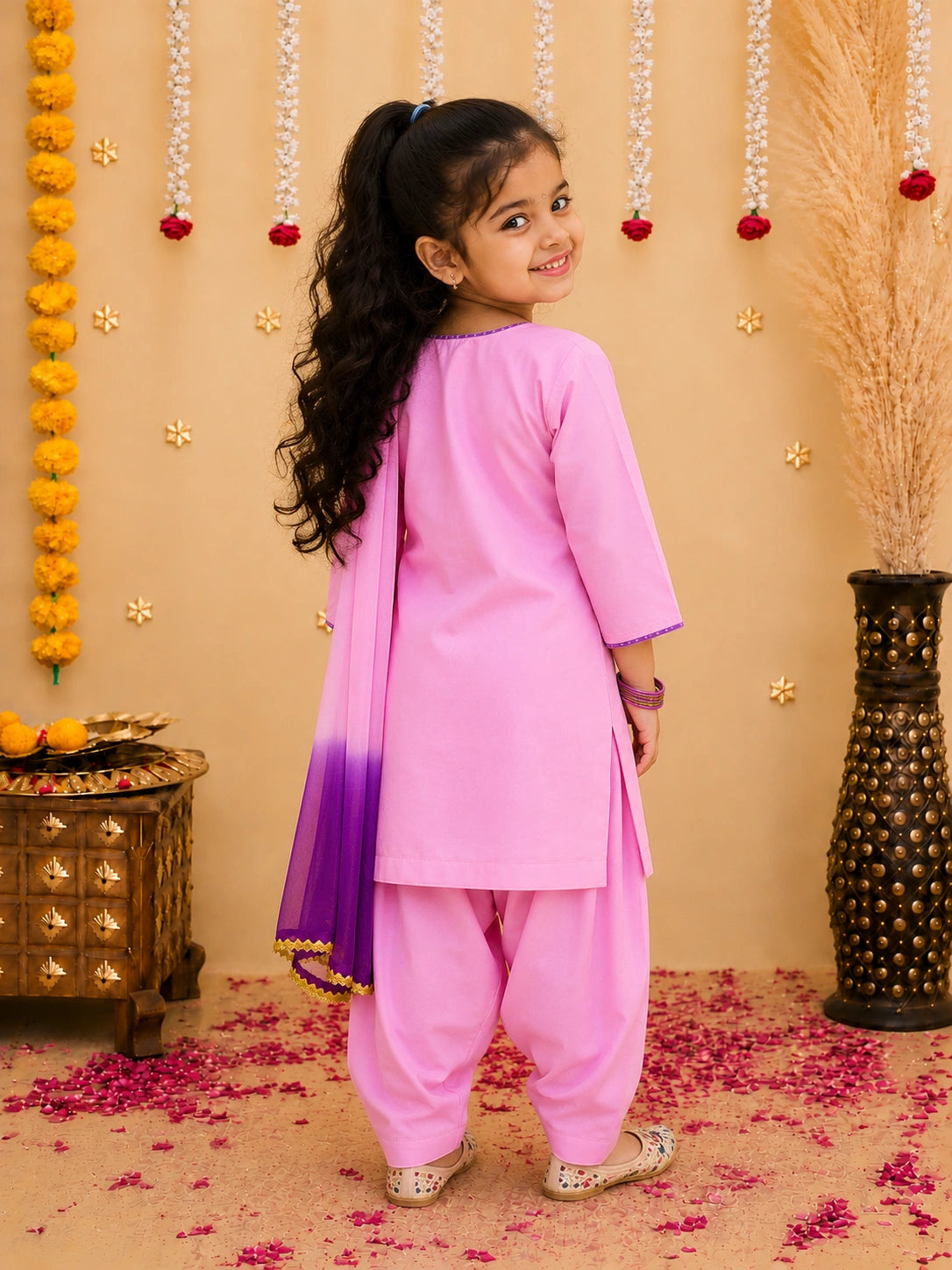BownBee Quater Sleeves Embroidered Kurti With Salwaar &Dupatta For Girls
