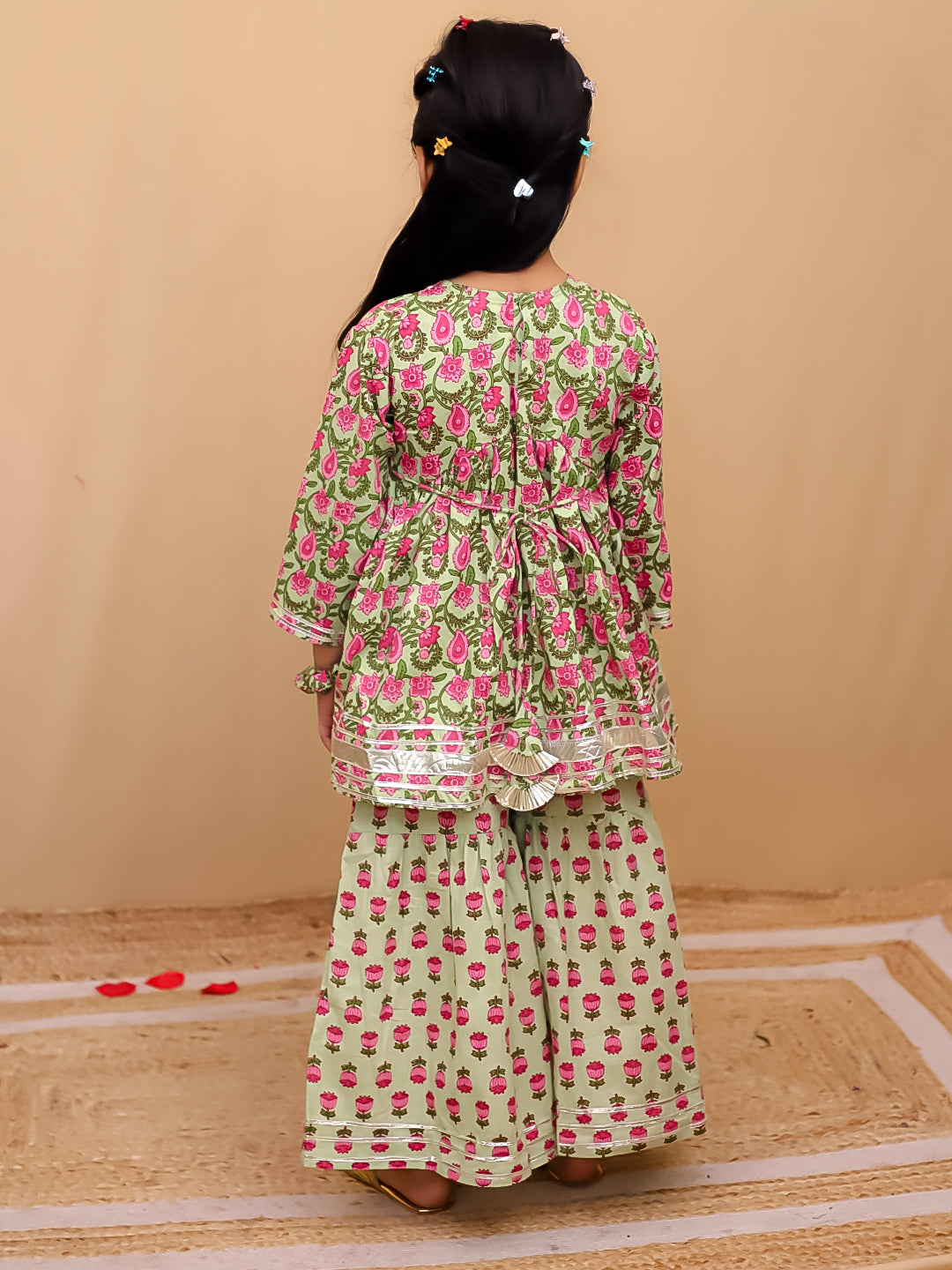 BownBee Pure Cotton Quater sleeves Printed Kurti With Sharara Set With matching Srunchie For Girls - Green