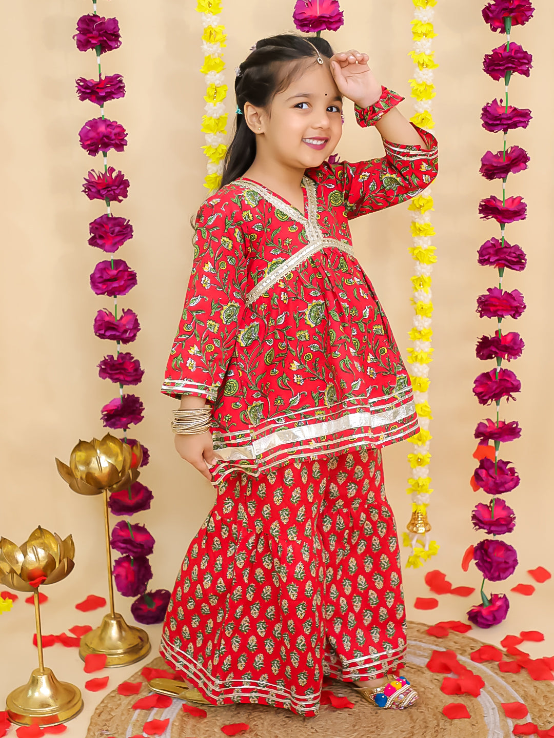 BownBee Pure Cotton Quater sleeves Printed Kurti With Sharara Set With matching Srunchie For Girls - Red