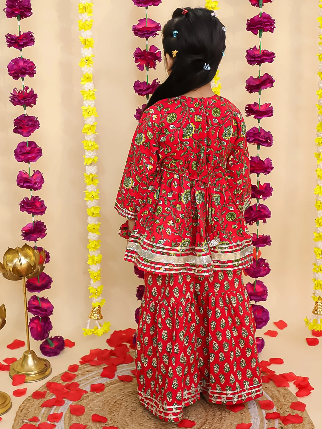 BownBee Pure Cotton Quater sleeves Printed Kurti With Sharara Set With matching Srunchie For Girls