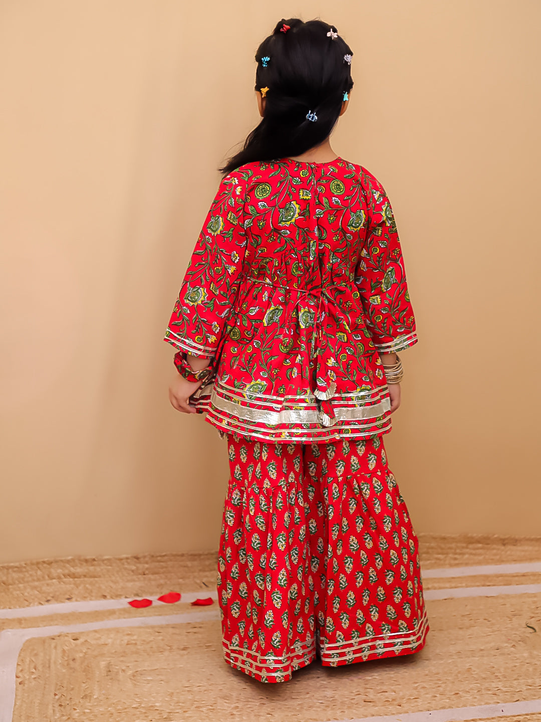 BownBee Pure Cotton Quater sleeves Printed Kurti With Sharara Set With matching Srunchie For Girls - Red