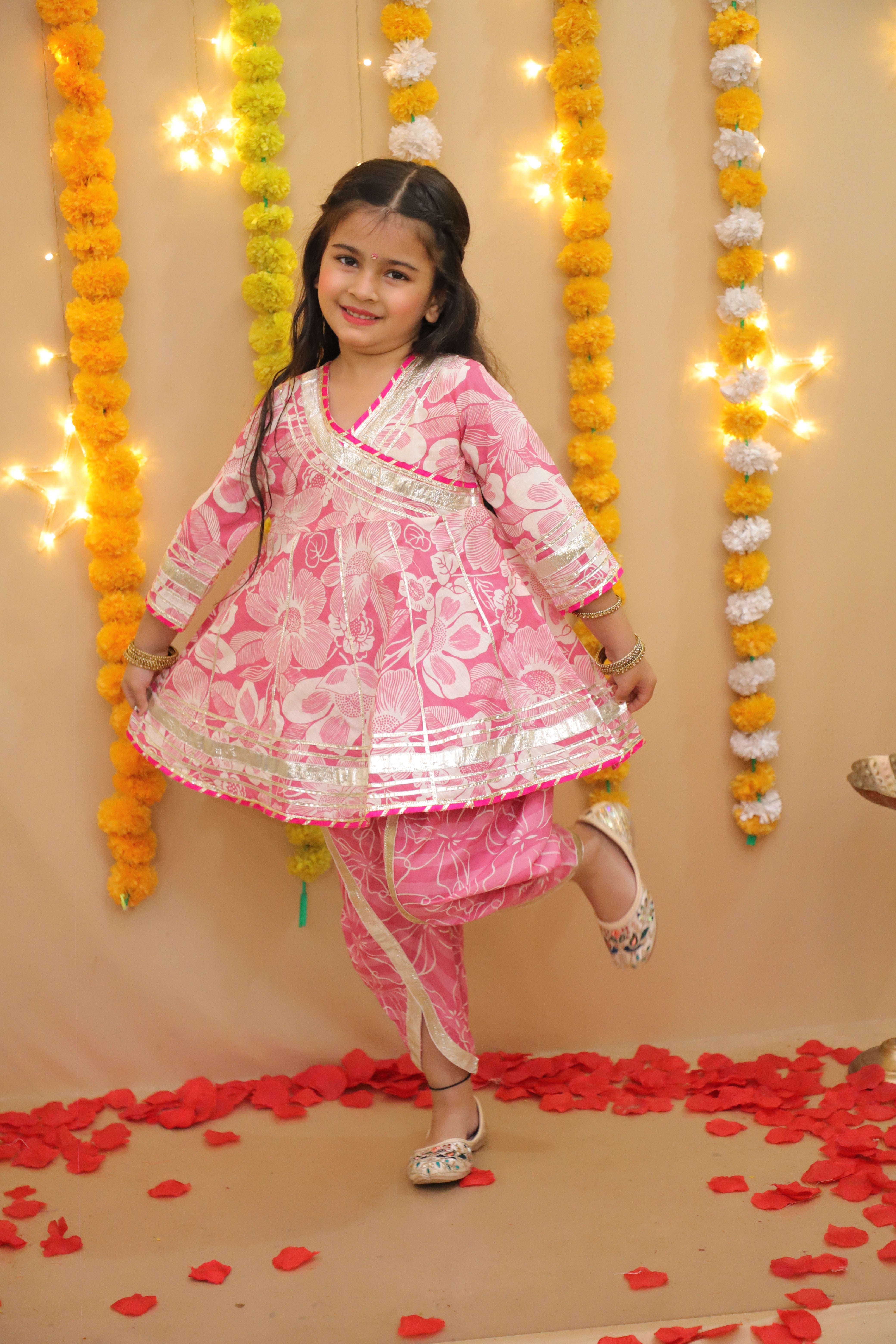 BownBee Pure Cotton Quater sleeves Printed Kurti With Dhoti Set For Girls - Purple