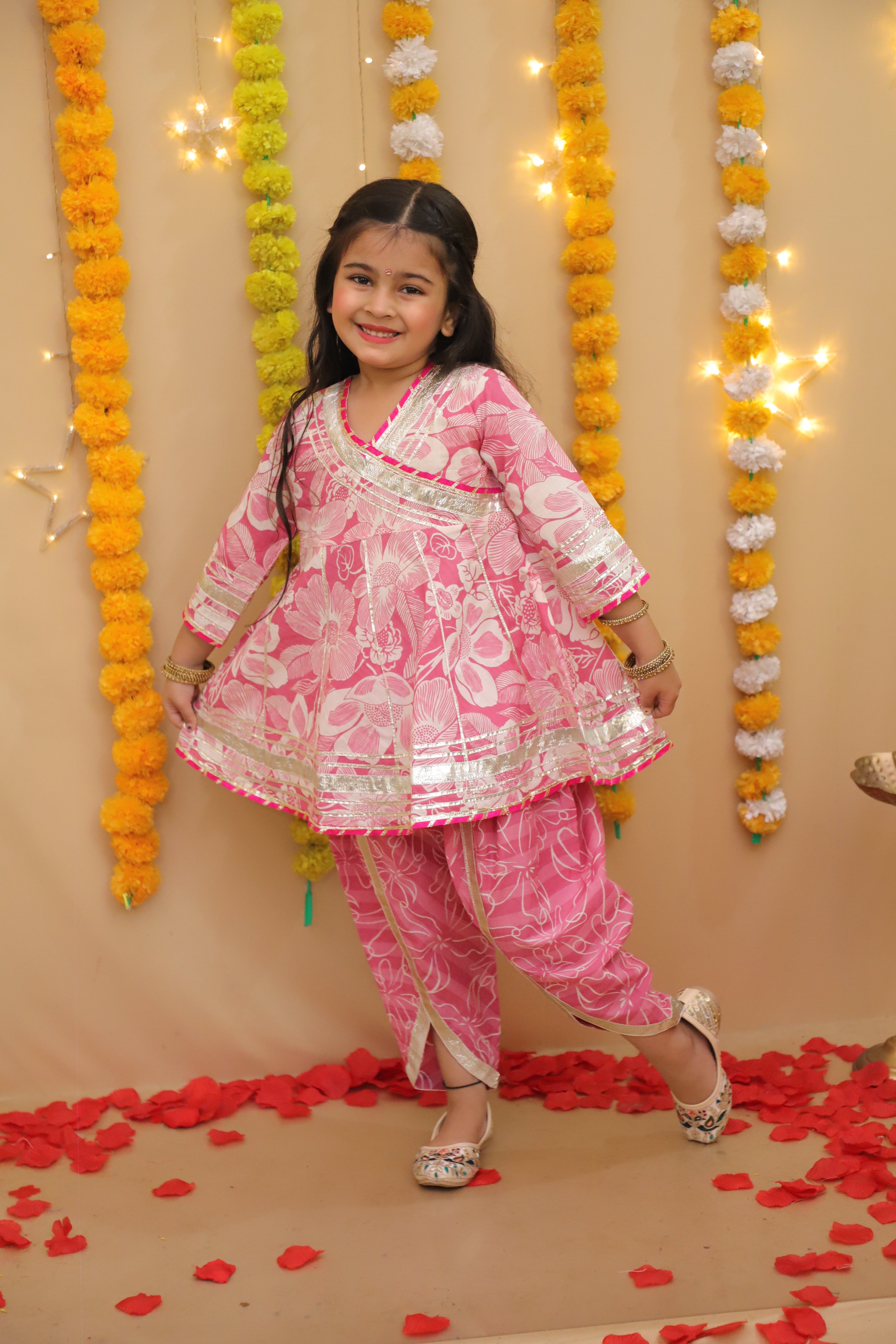 BownBee Pure Cotton Quater sleeves Printed Kurti With Dhoti Set For Girls - Pink