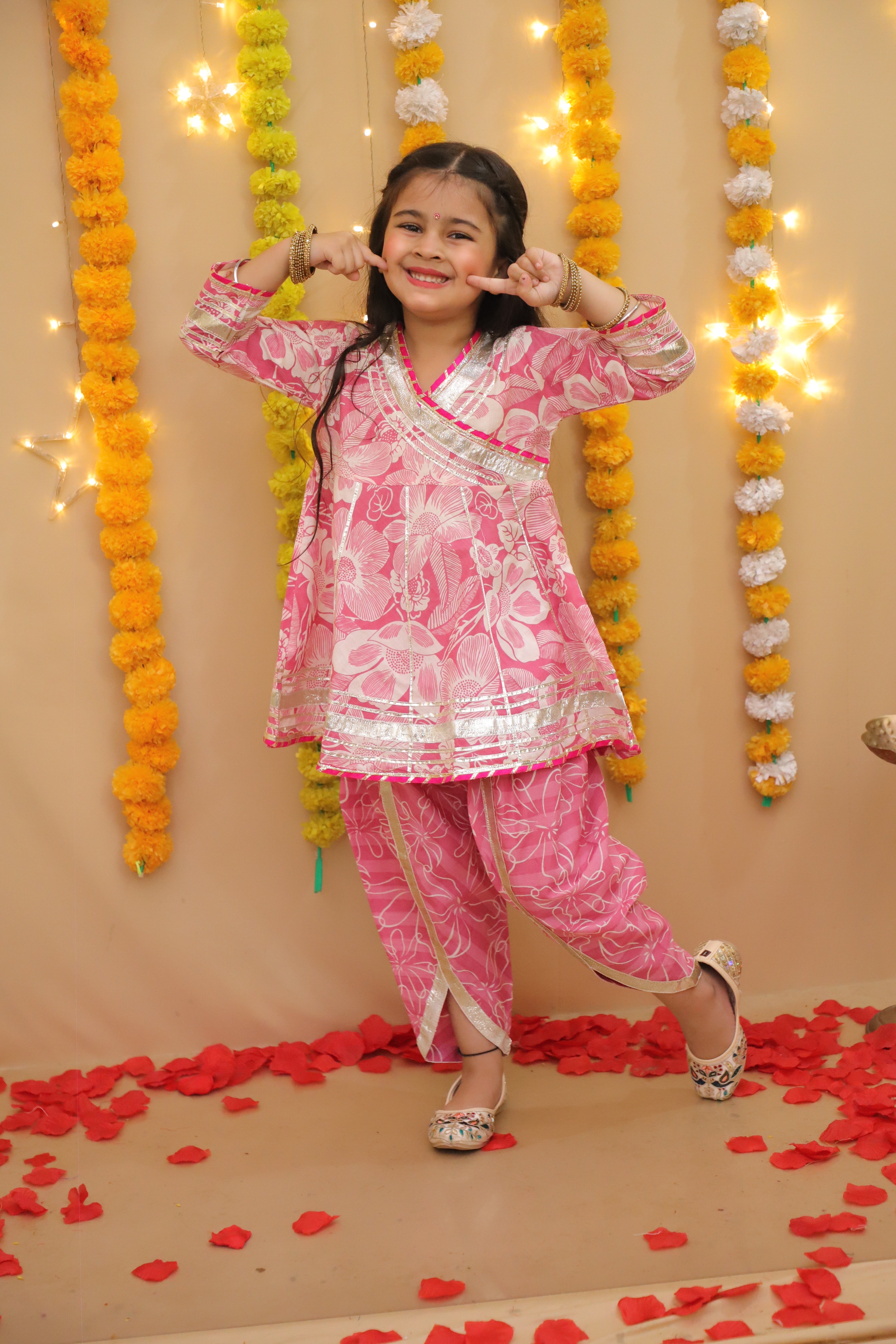 BownBee Pure Cotton Quater sleeves Printed Kurti With Dhoti Set For Girls - Pink