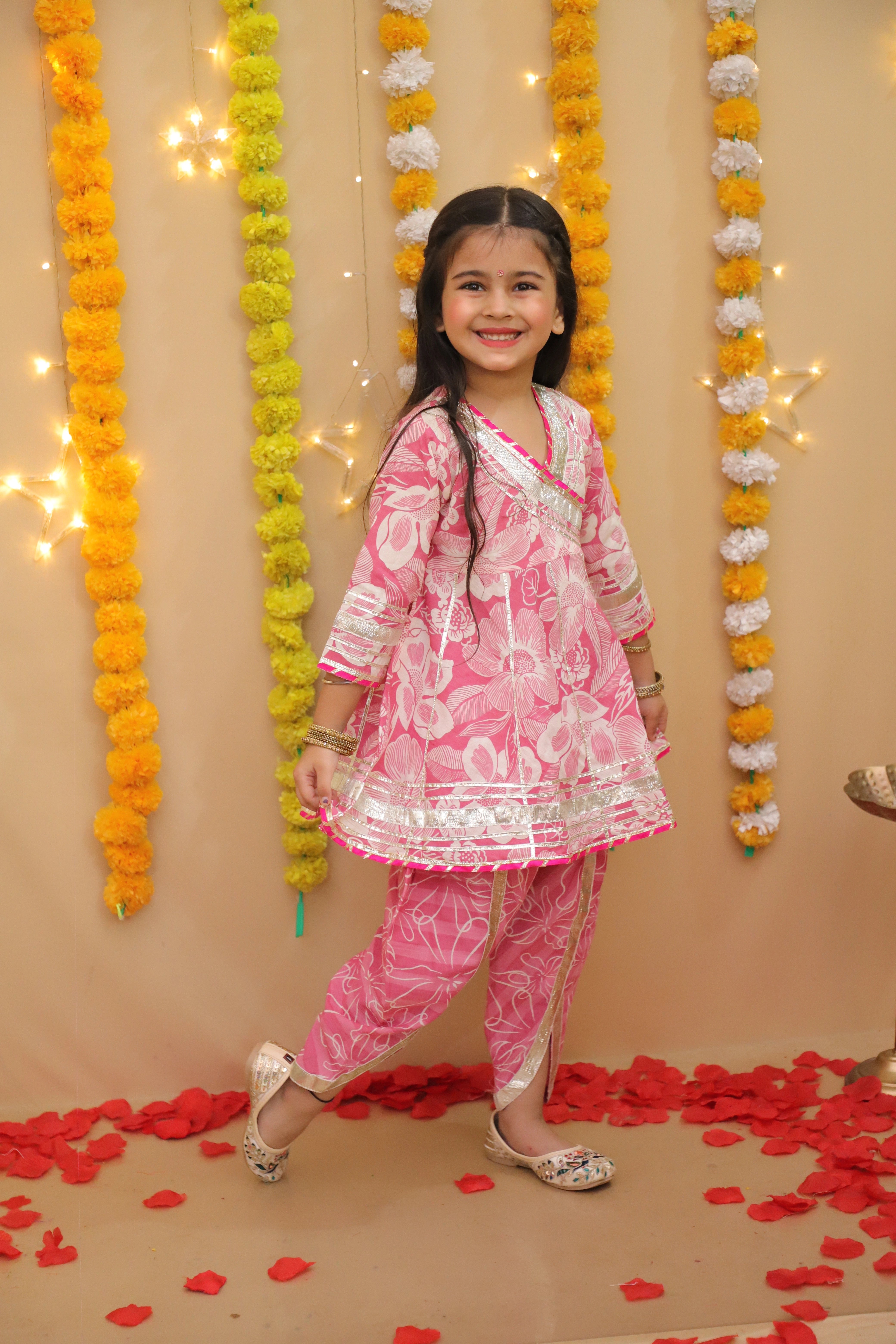 BownBee Pure Cotton Quater sleeves Printed Kurti With Dhoti Set For Girls