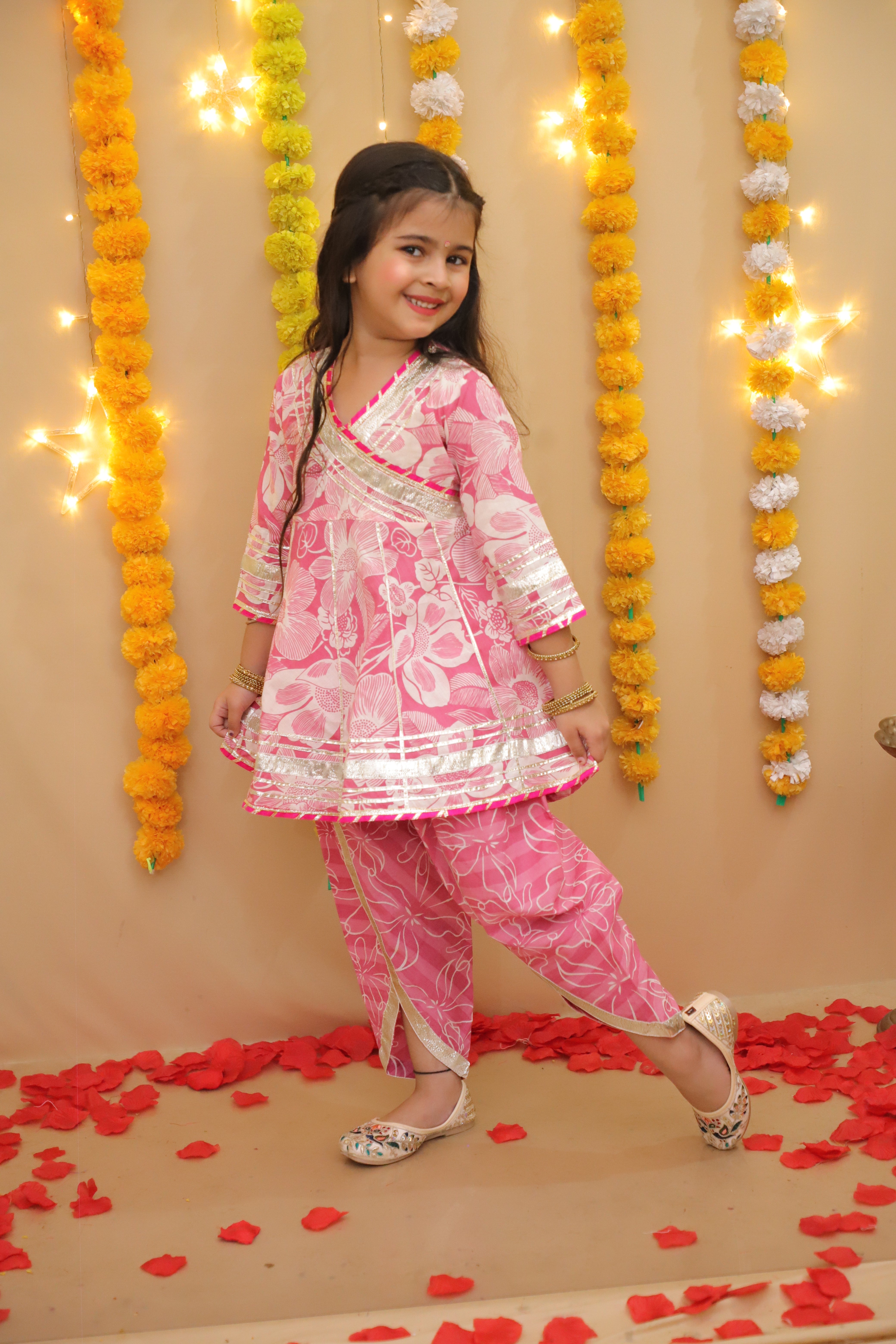 BownBee Pure Cotton Quater sleeves Printed Kurti With Dhoti Set For Girls - Pink