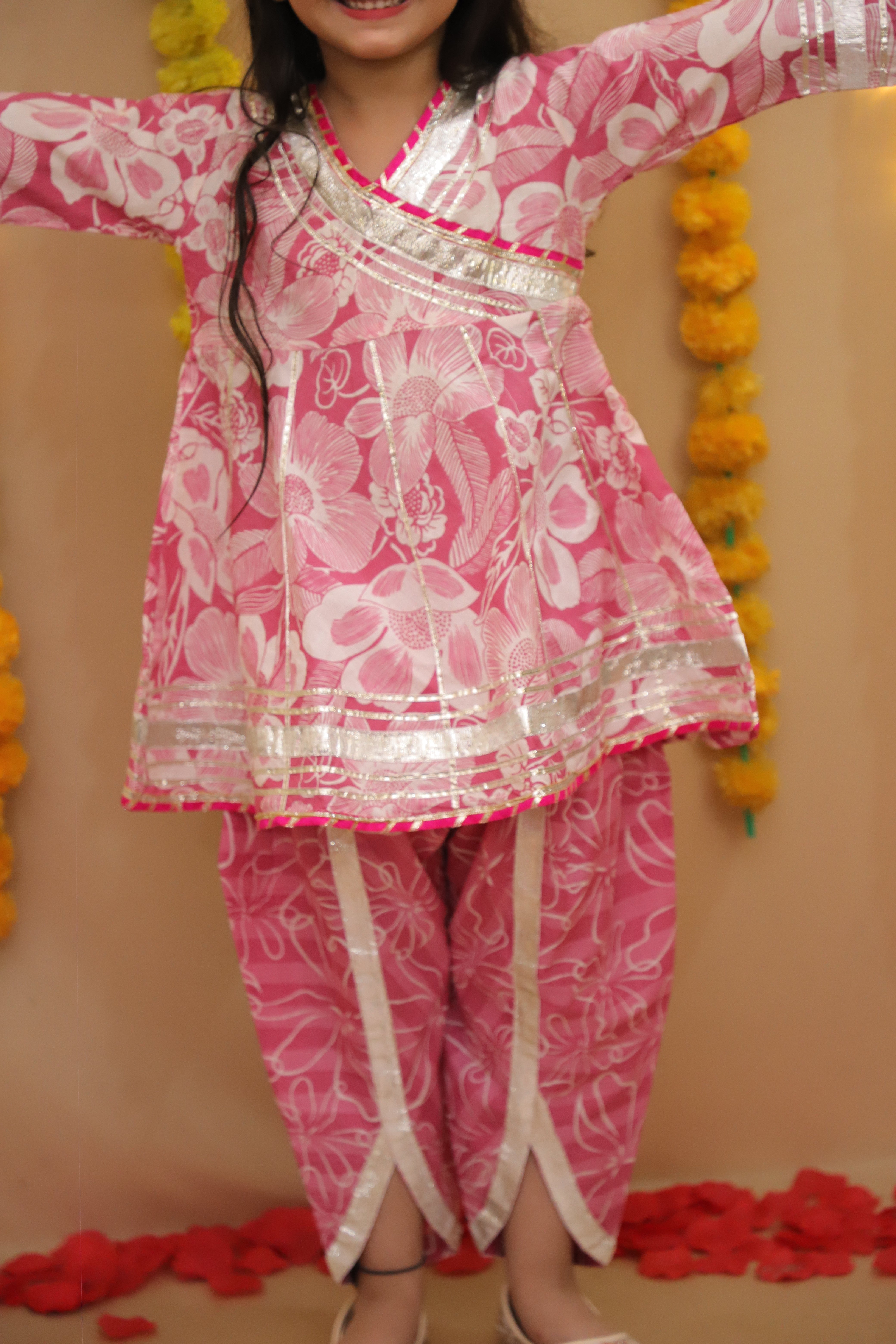 BownBee Pure Cotton Quater sleeves Printed Kurti With Dhoti Set For Girls - Pink