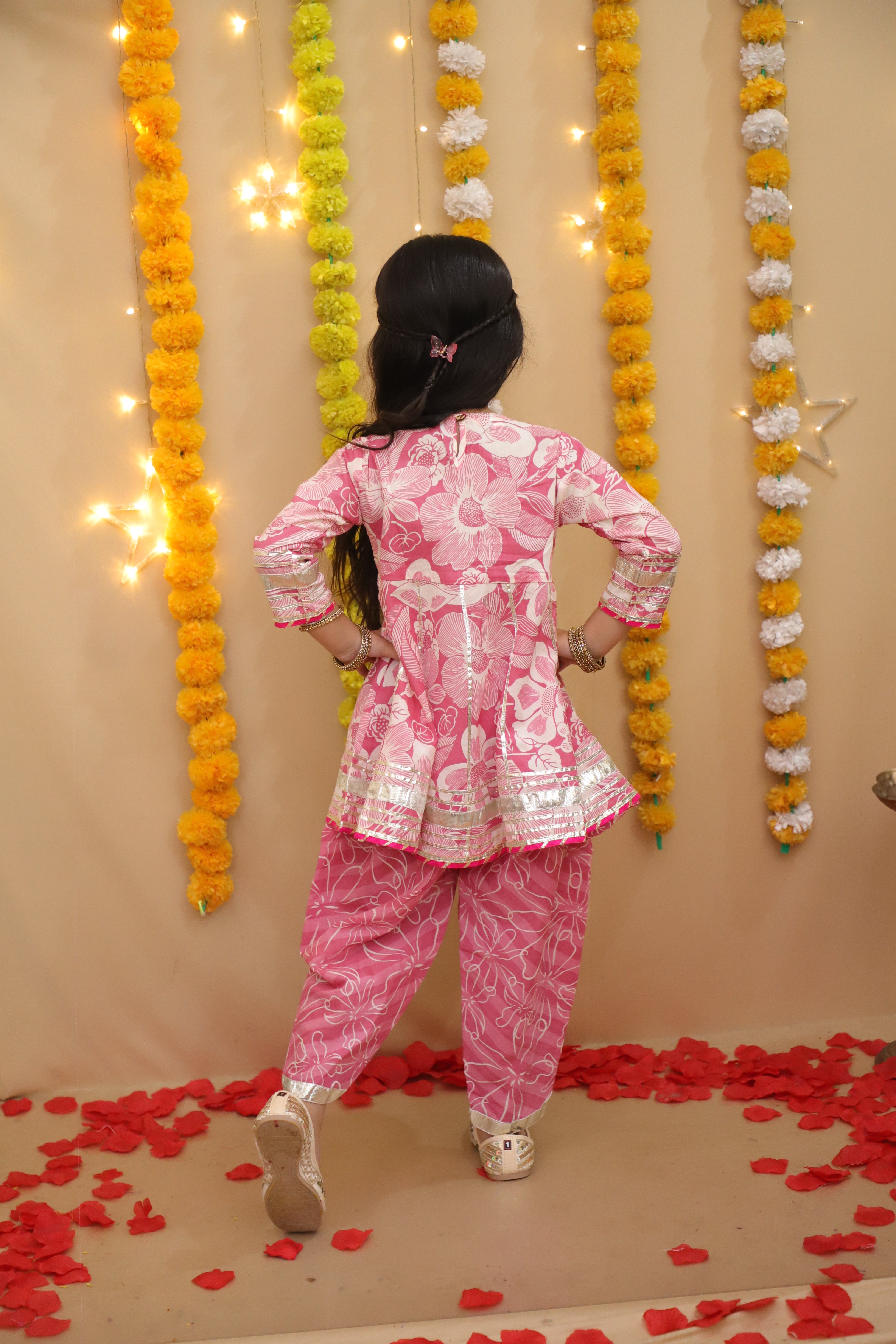 BownBee Pure Cotton Quater sleeves Printed Kurti With Dhoti Set For Girls - Pink