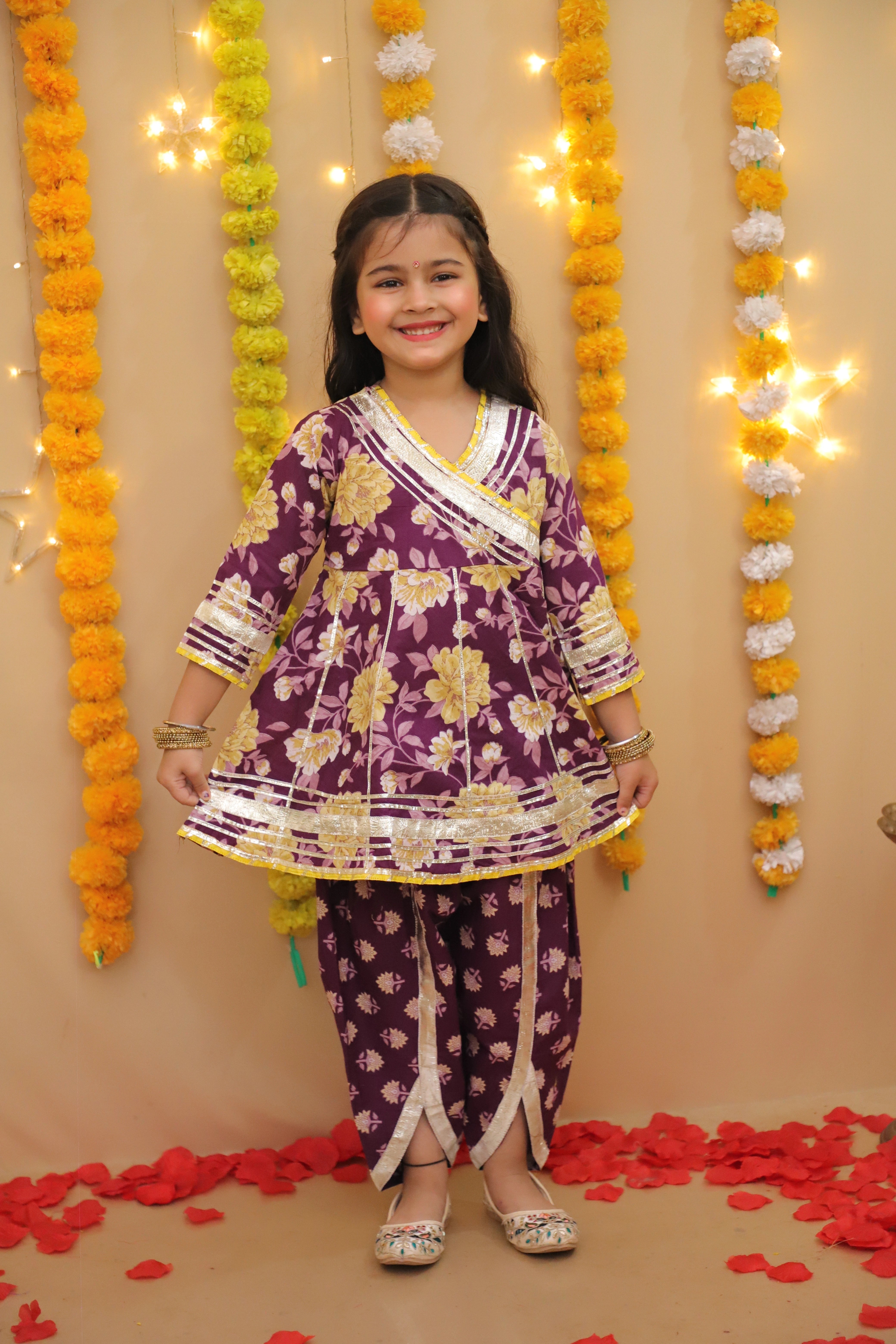BownBee Pure Cotton Quater sleeves Printed Kurti With Dhoti Set For Girls