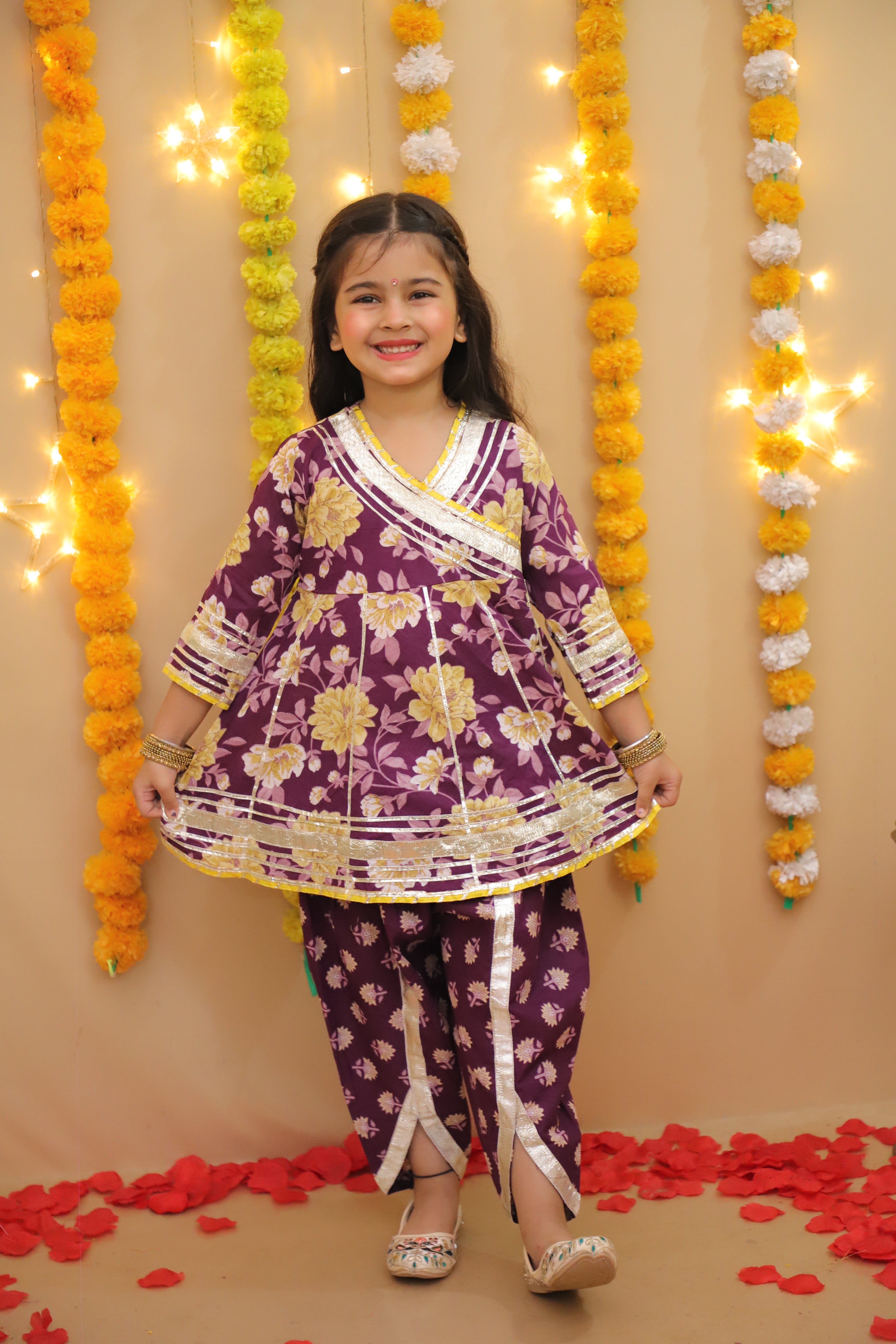 BownBee Pure Cotton Quater sleeves Printed Kurti With Dhoti Set For Girls - Purple