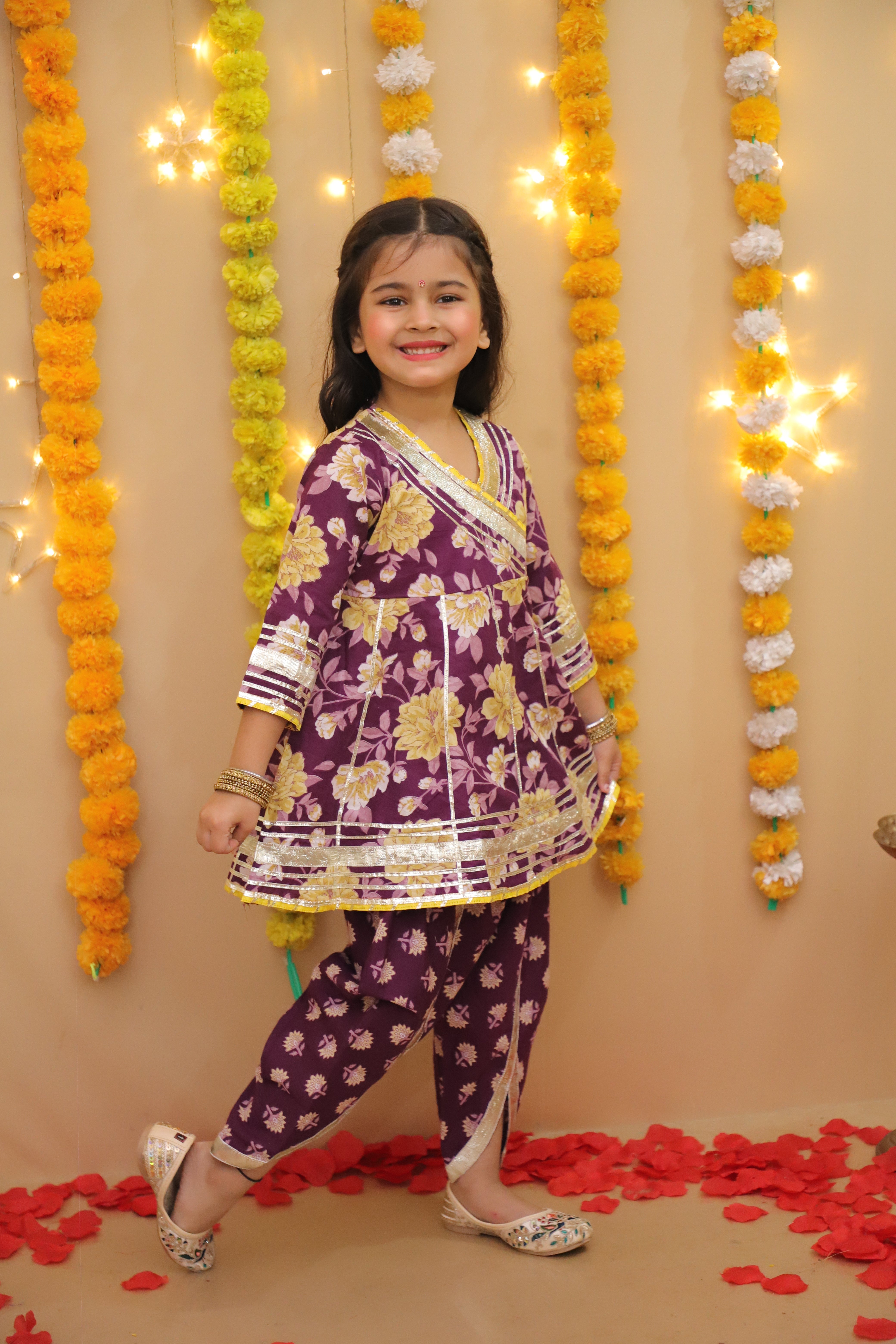 BownBee Pure Cotton Quater sleeves Printed Kurti With Dhoti Set For Girls - Pink