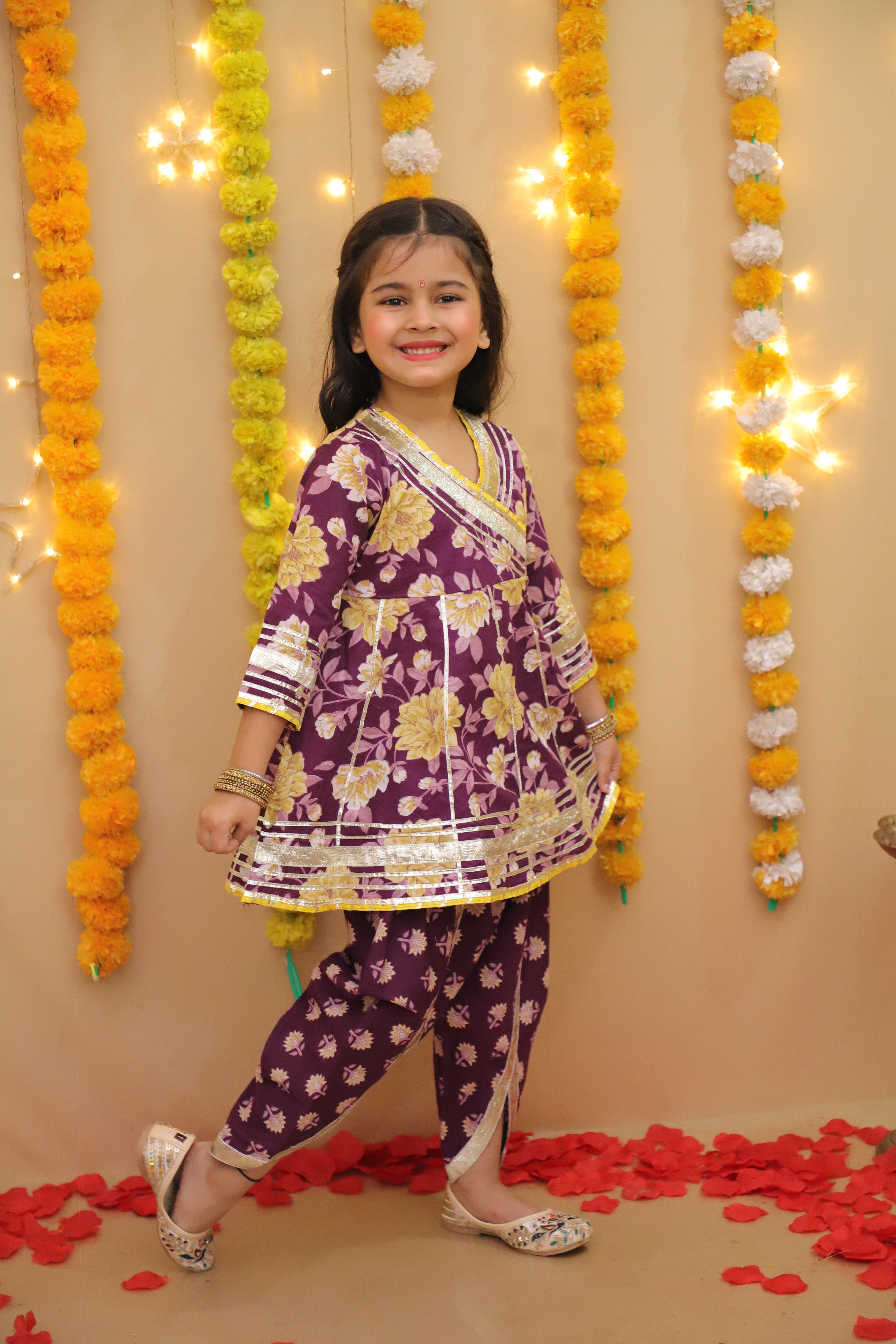 BownBee Pure Cotton Quater sleeves Printed Kurti With Dhoti Set For Girls