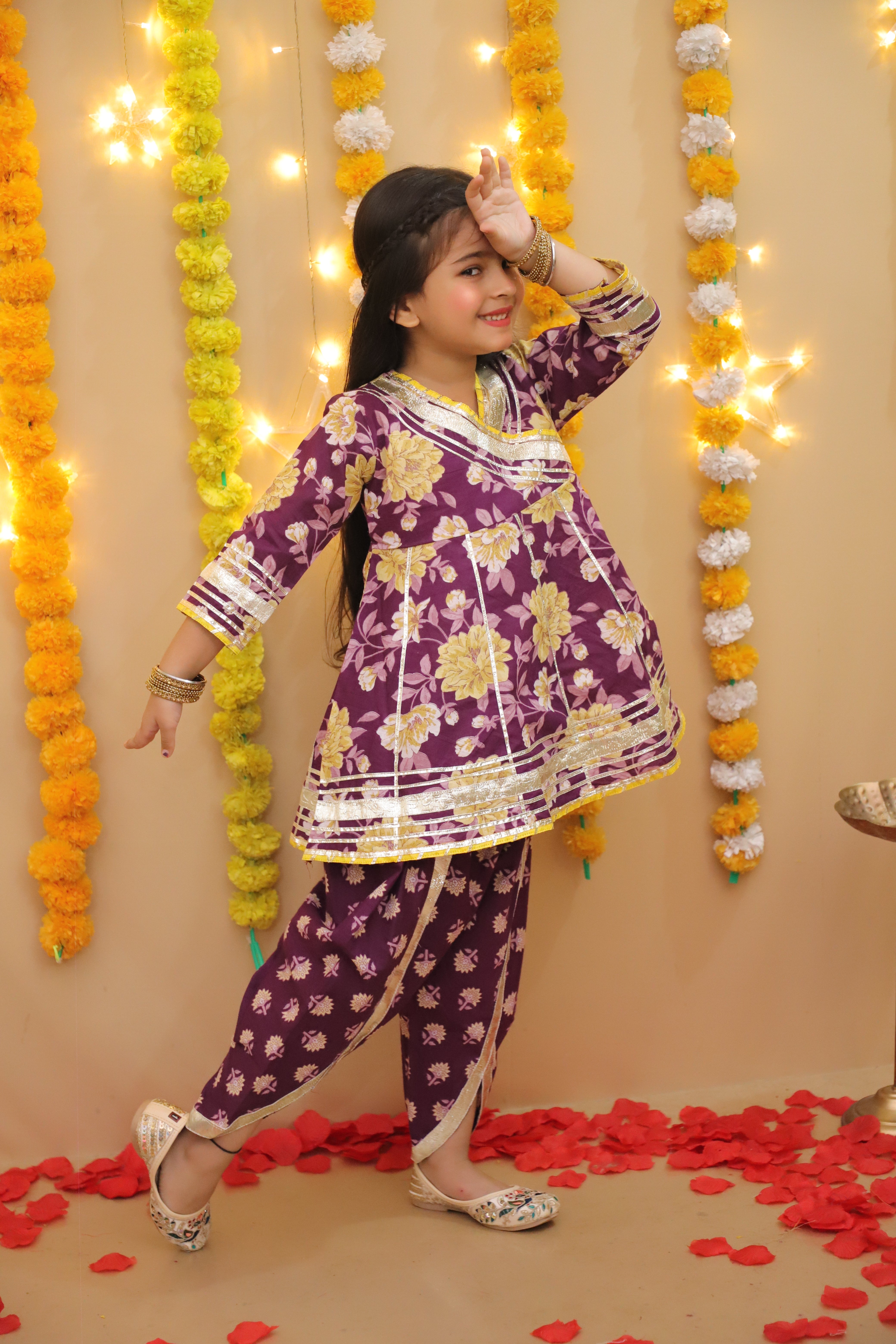 BownBee Pure Cotton Quater sleeves Printed Kurti With Dhoti Set For Girls - Pink