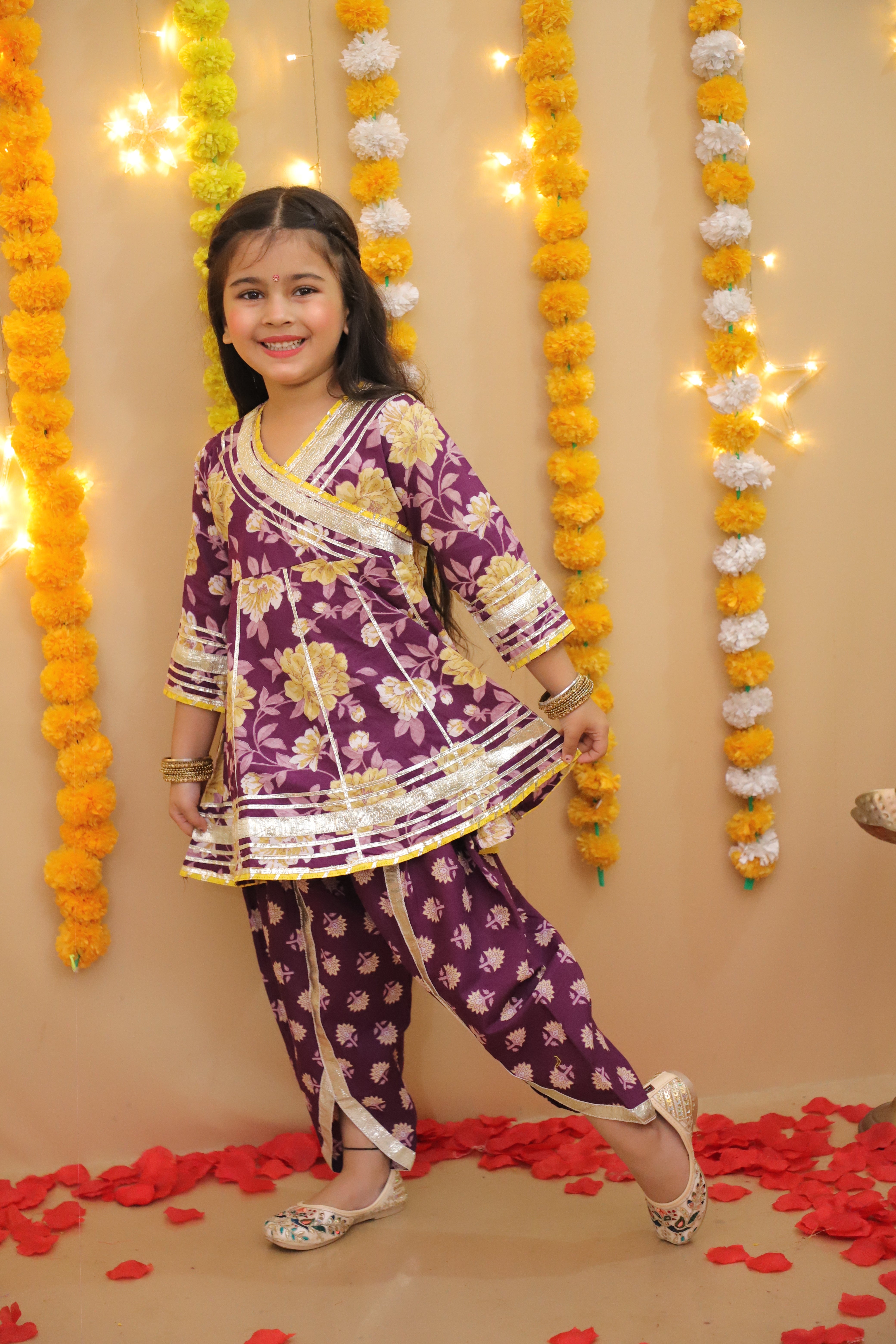 BownBee Pure Cotton Quater sleeves Printed Kurti With Dhoti Set For Girls - Purple