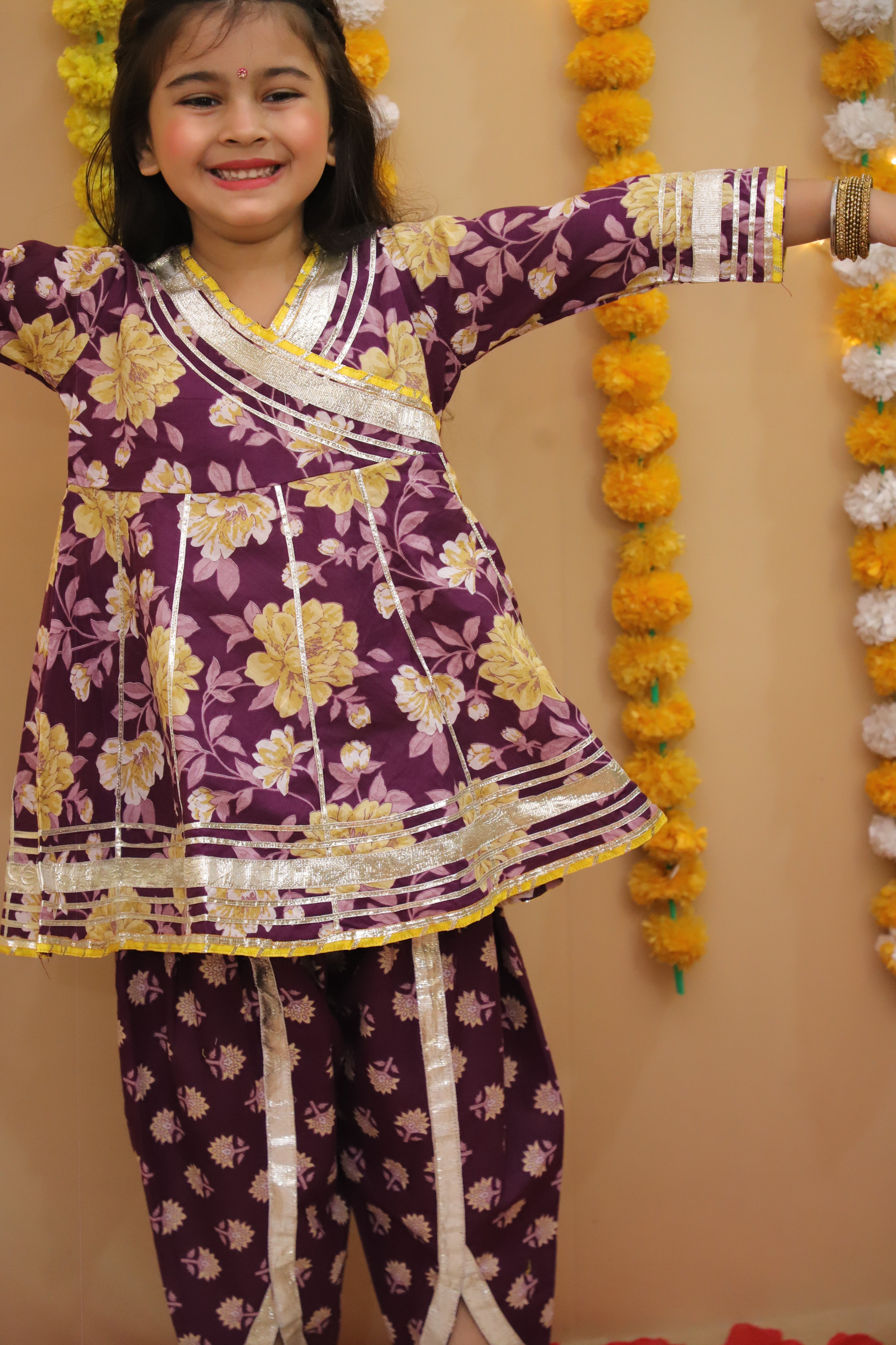 BownBee Pure Cotton Quater sleeves Printed Kurti With Dhoti Set For Girls - Pink
