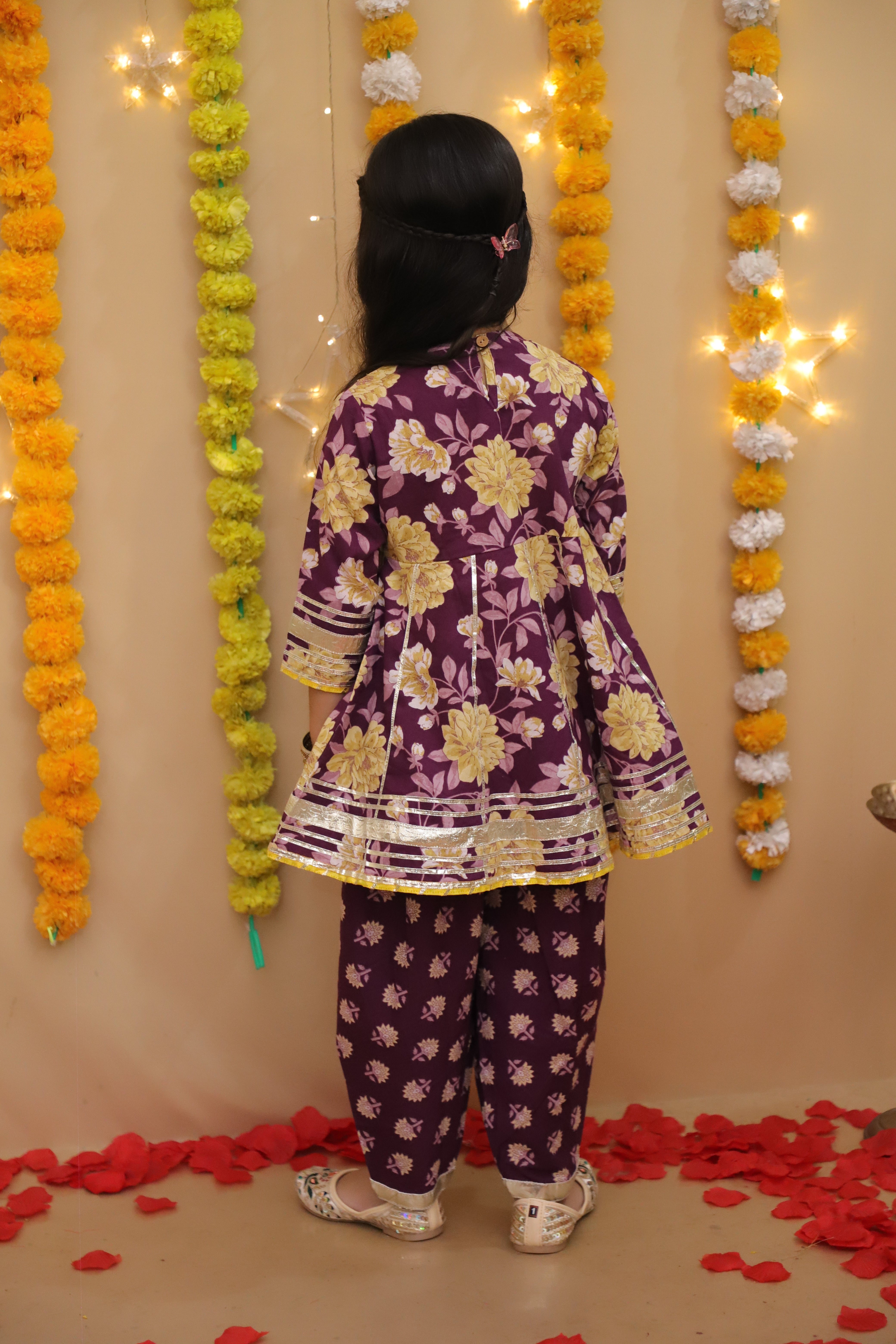 BownBee Pure Cotton Quater sleeves Printed Kurti With Dhoti Set For Girls - Pink
