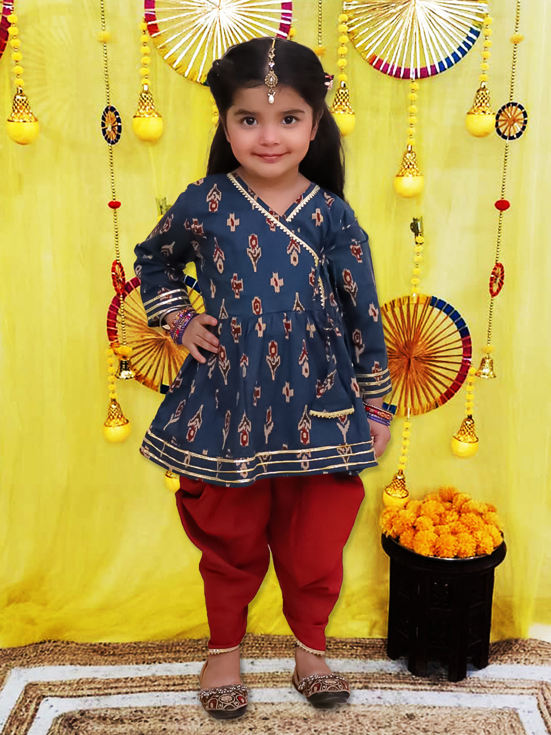 BownBee Pure Cotton Quater sleeves Printed Kurti With Dhoti Set For Girls - Yellow