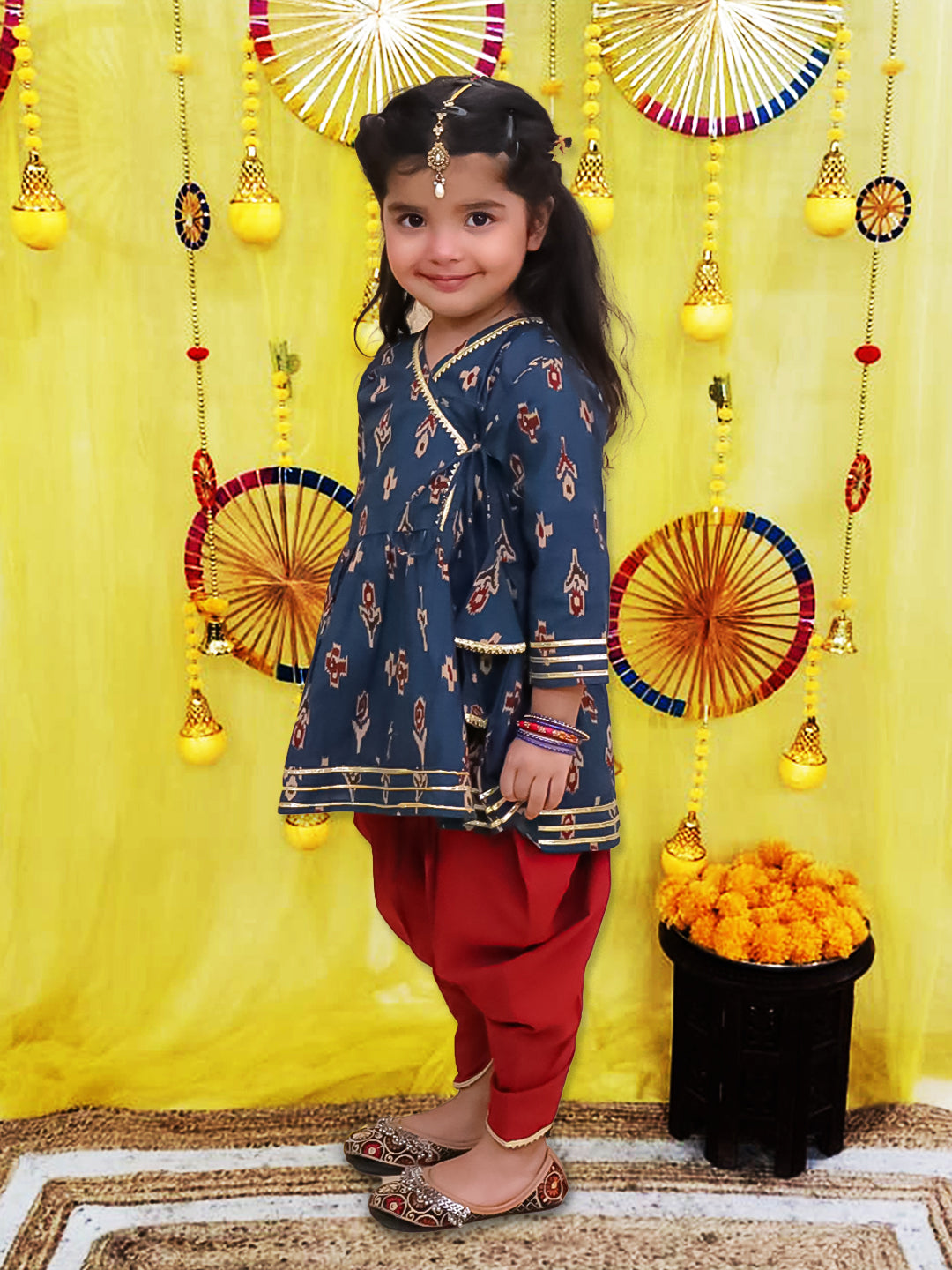 BownBee Pure Cotton Quater sleeves Printed Kurti With Dhoti Set For Girls - Navy Blue