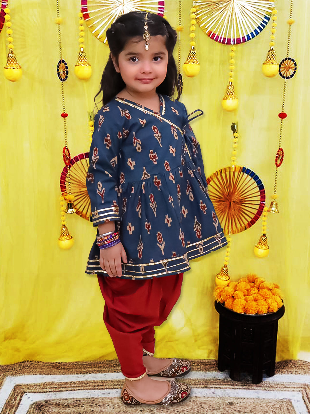 BownBee Pure Cotton Quater sleeves Printed Kurti With Dhoti Set For Girls - Yellow