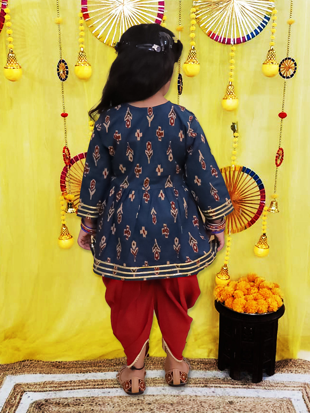 BownBee Pure Cotton Quater sleeves Printed Kurti With Dhoti Set For Girls - Yellow