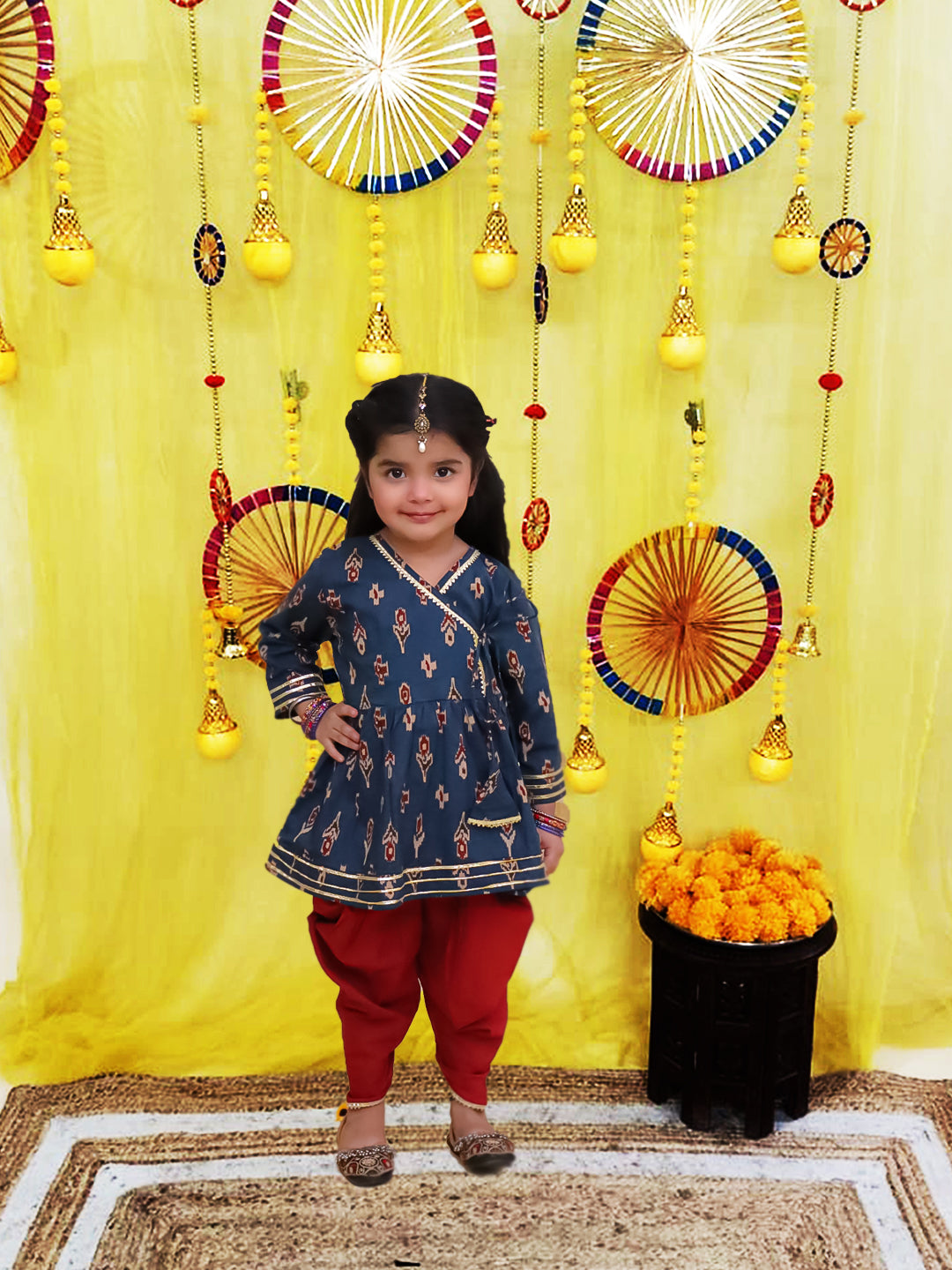 BownBee Pure Cotton Quater sleeves Printed Kurti With Dhoti Set For Girls - Red