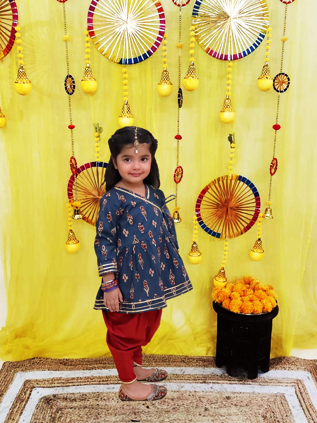 BownBee Pure Cotton Quater sleeves Printed Kurti With Dhoti Set For Girls - Red