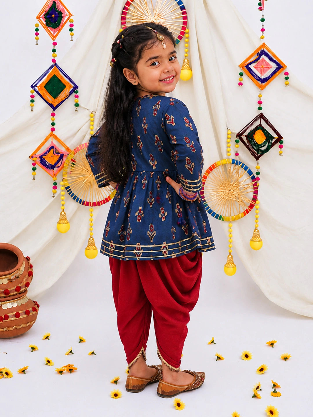 BownBee Pure Cotton Bandhni Kurti Dhoti &  Dhoti Kurta Sibling Set
