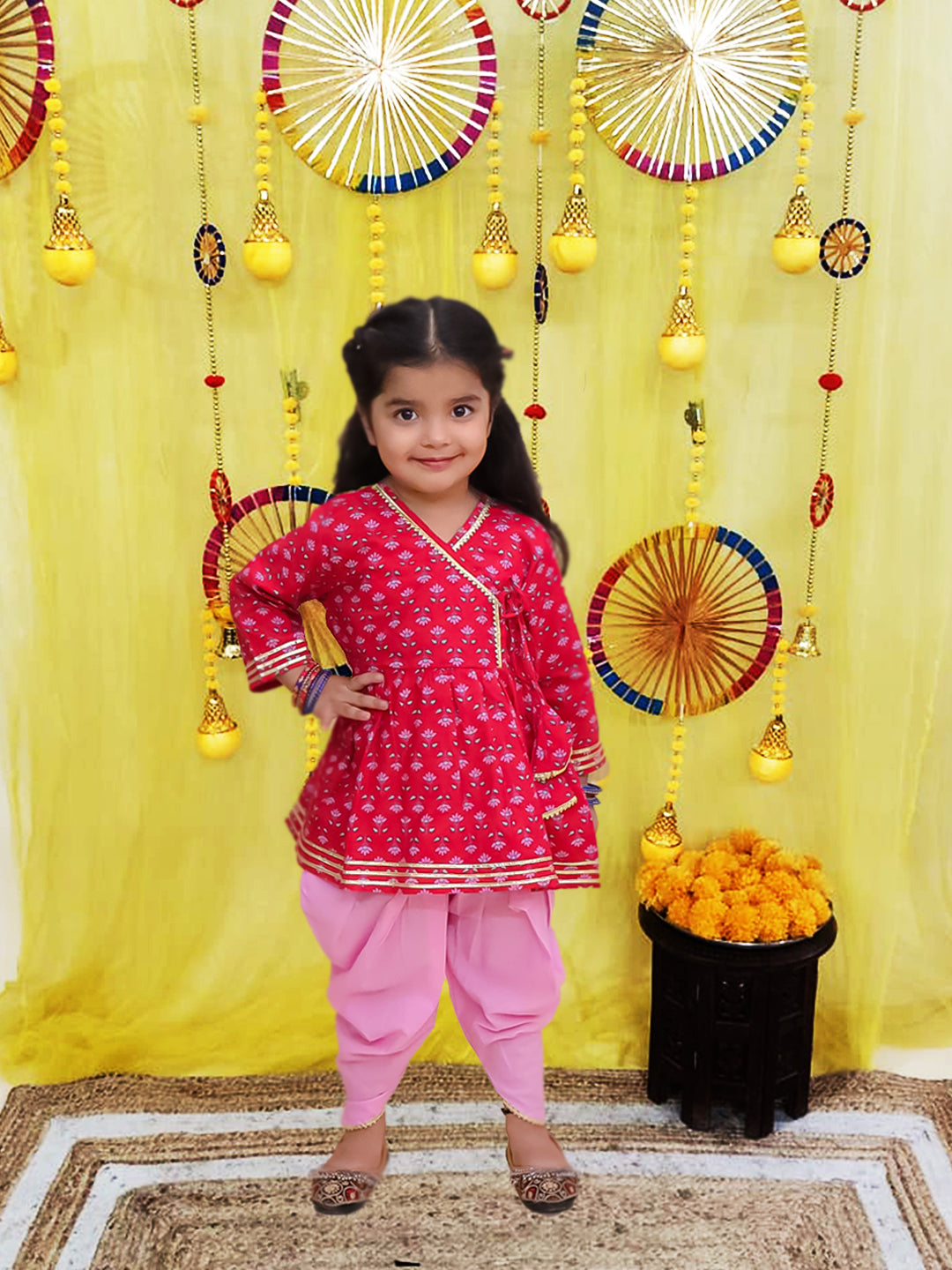 BownBee Pure Cotton Quater sleeves Printed Kurti With Dhoti Set For Girls - Red