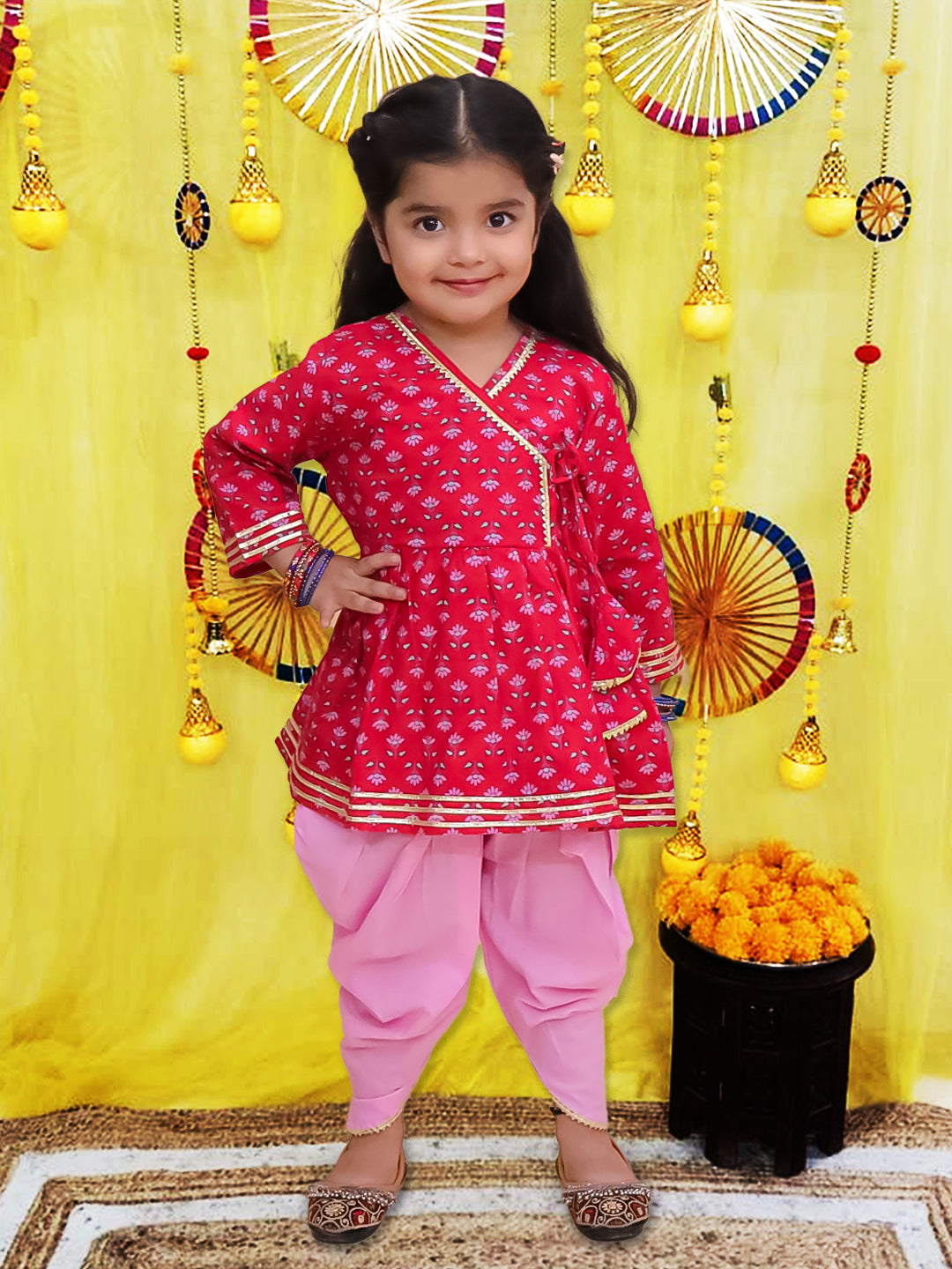 BownBee Pure Cotton Quater sleeves Printed Kurti With Dhoti Set For Girls - Navy Blue