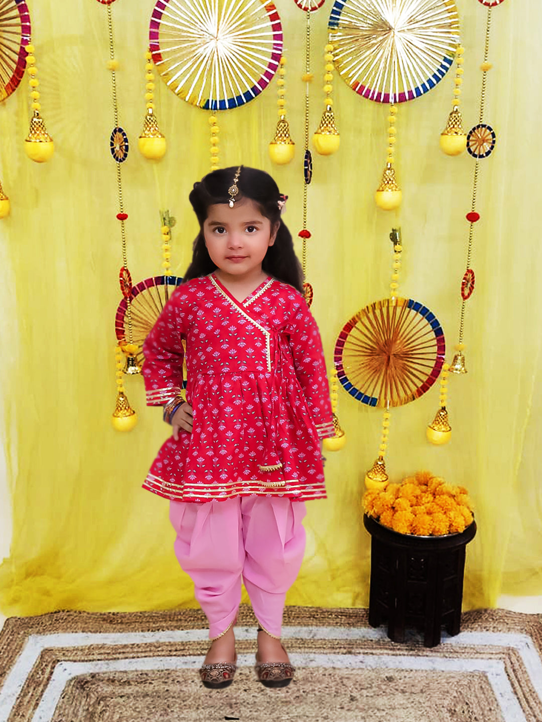 BownBee Pure Cotton Quater sleeves Printed Kurti With Dhoti Set For Girls - Red