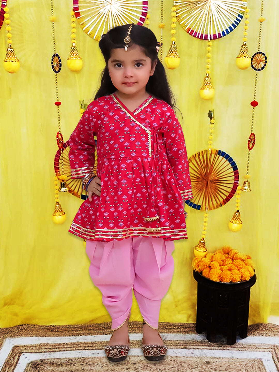 BownBee Pure Cotton Quater sleeves Printed Kurti With Dhoti Set For Girls - Navy Blue