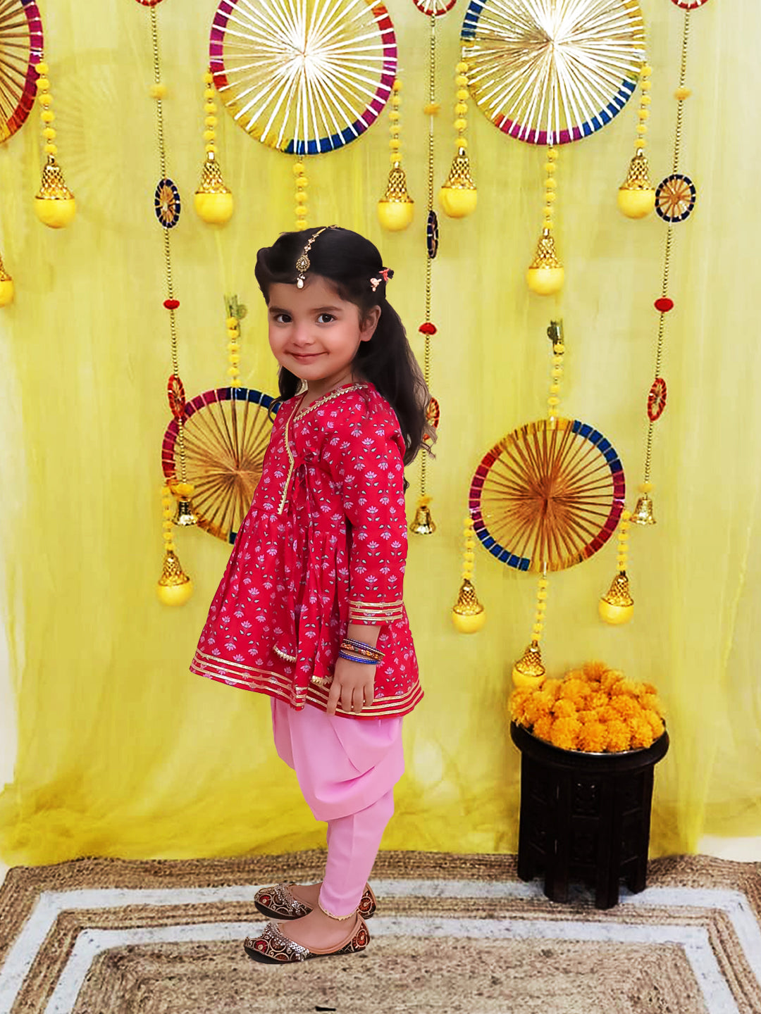 BownBee Pure Cotton Quater sleeves Printed Kurti With Dhoti Set For Girls - Red