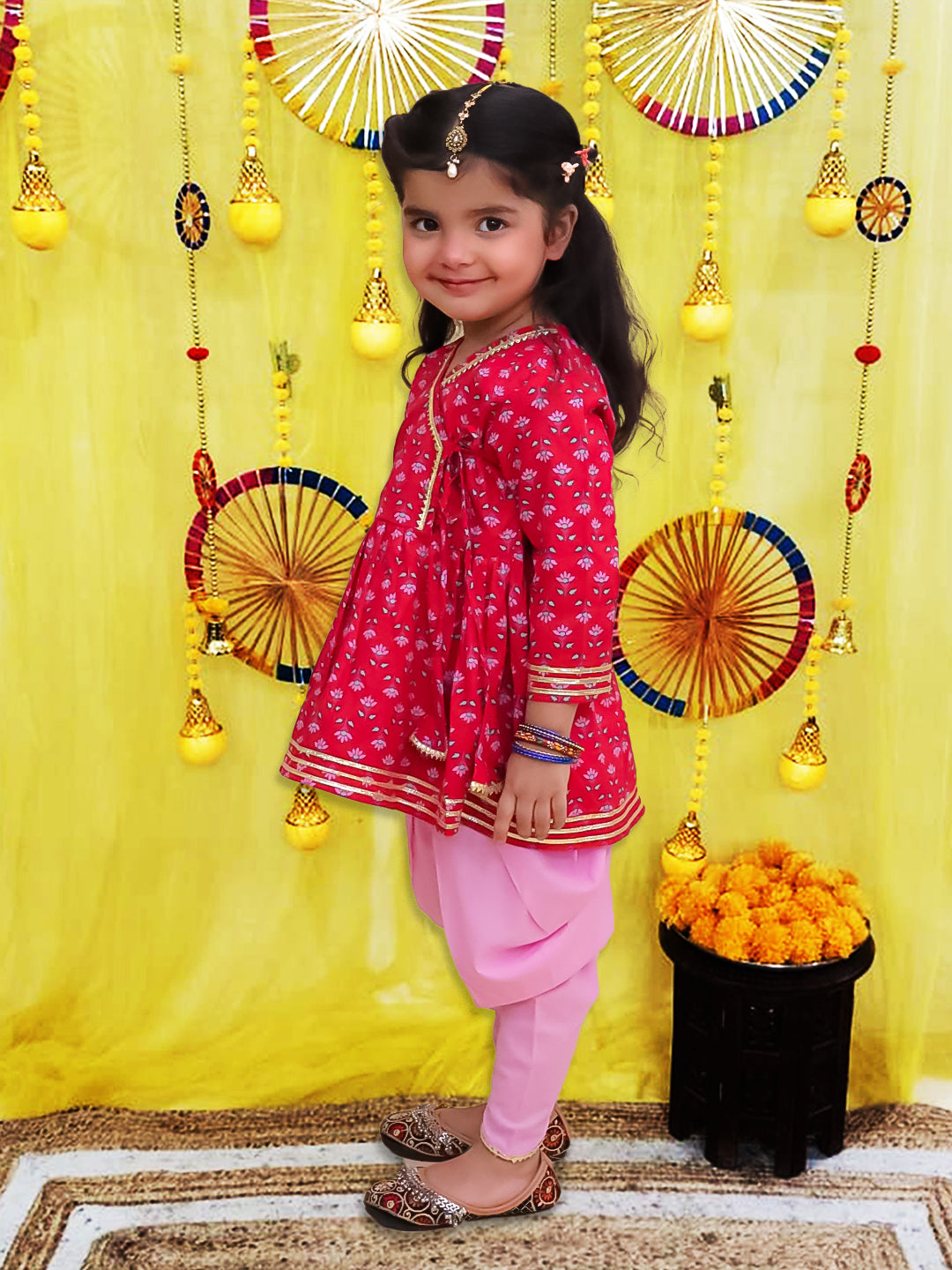 BownBee Pure Cotton Quater sleeves Printed Kurti With Dhoti Set For Girls - Navy Blue