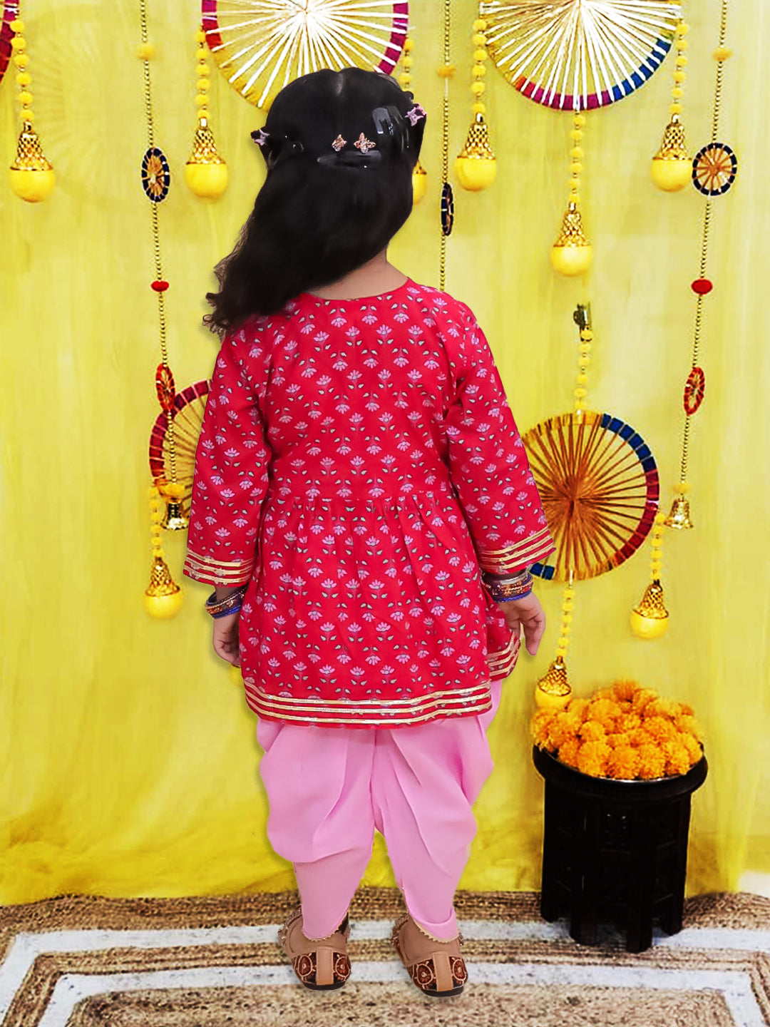 BownBee Pure Cotton Quater sleeves Printed Kurti With Dhoti Set For Girls - Yellow